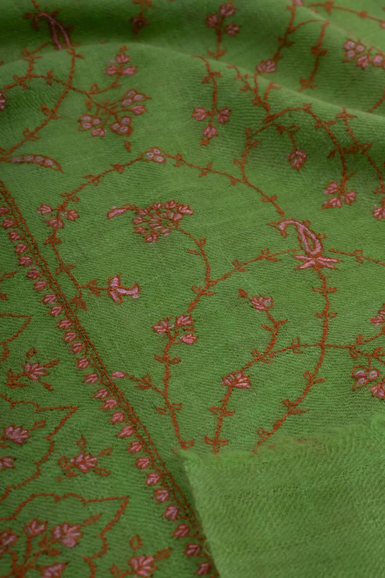 Sheen Green Cashmere Scarf Enhanced with Pink Hue Embroidery - HONDURAS Shahkaar