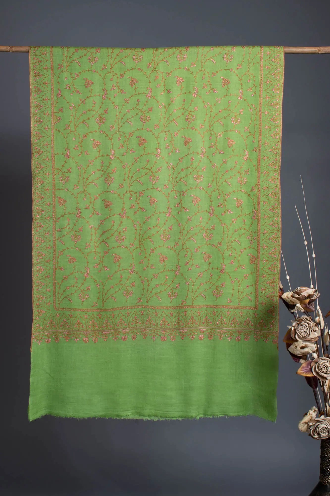 Sheen Green Cashmere Scarf Enhanced with Pink Hue Embroidery - HONDURAS Shahkaar