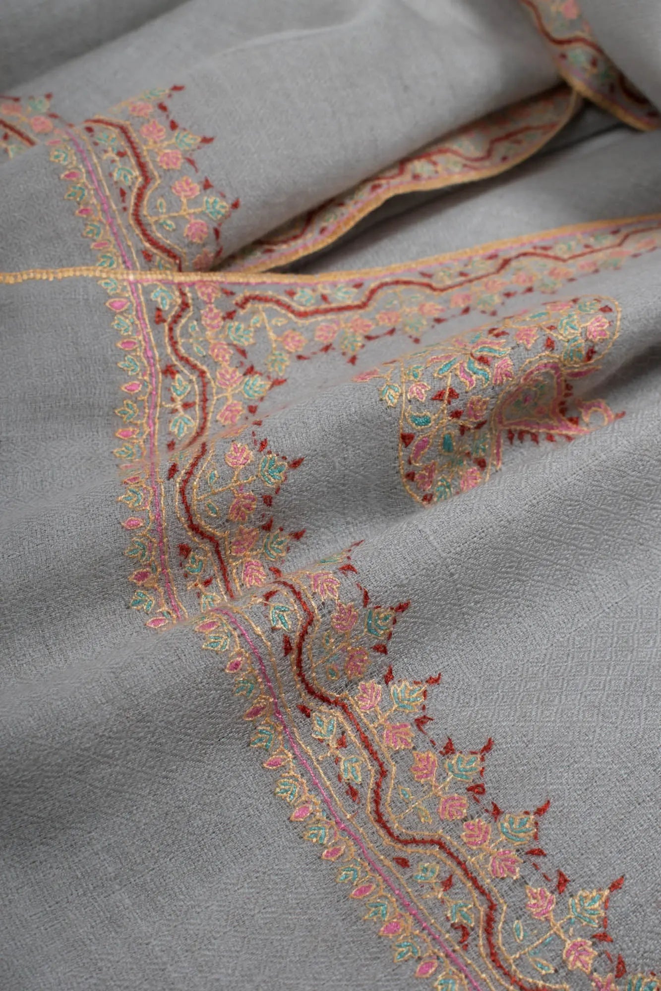 Silver Grey Handloomed Cashmere Hand Embroidered Shawl - TORREON Shahkaar