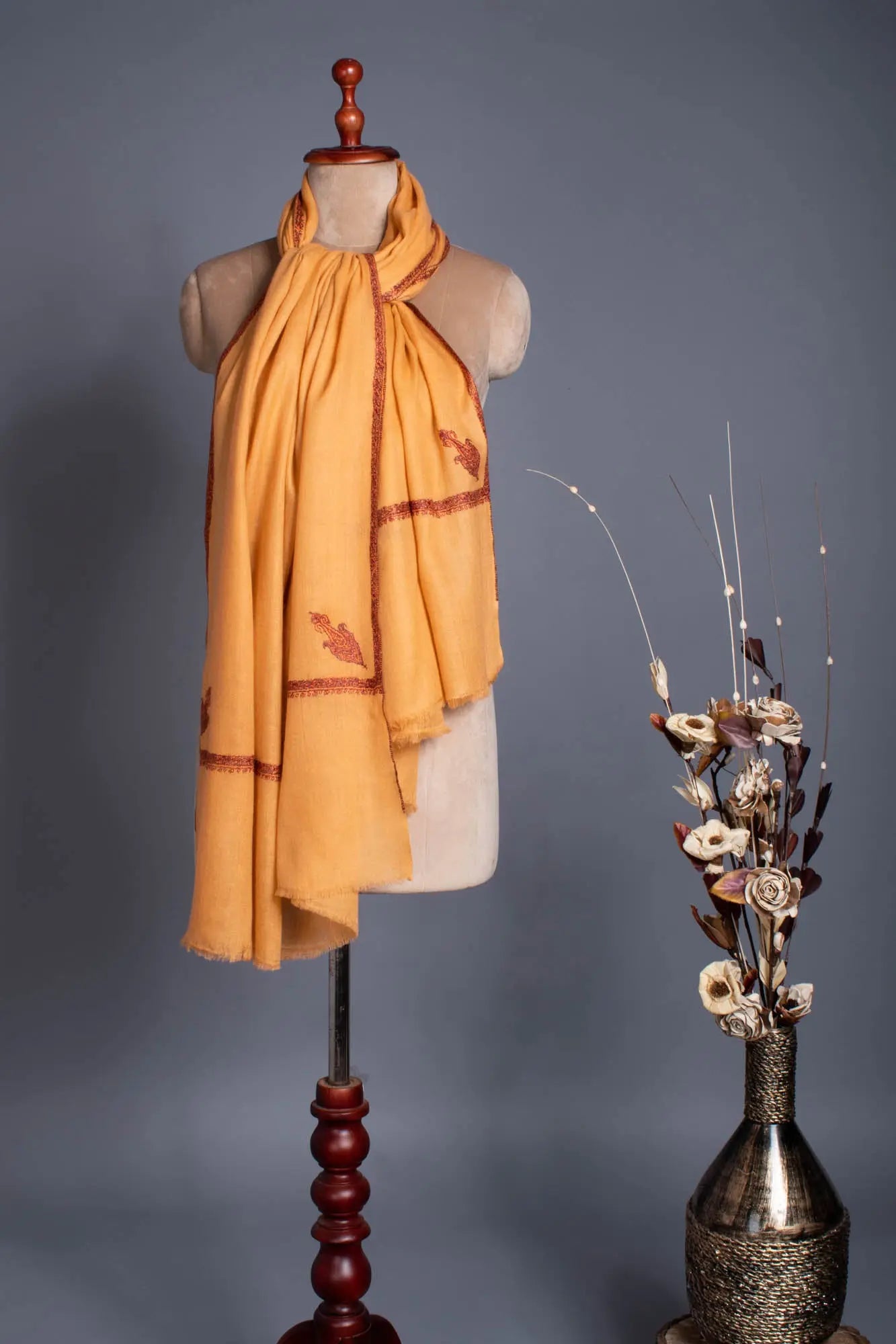 Tangerine Hand Embroidered Baildar Pashmina Shawl - MISSISSAUGA Shahkaar