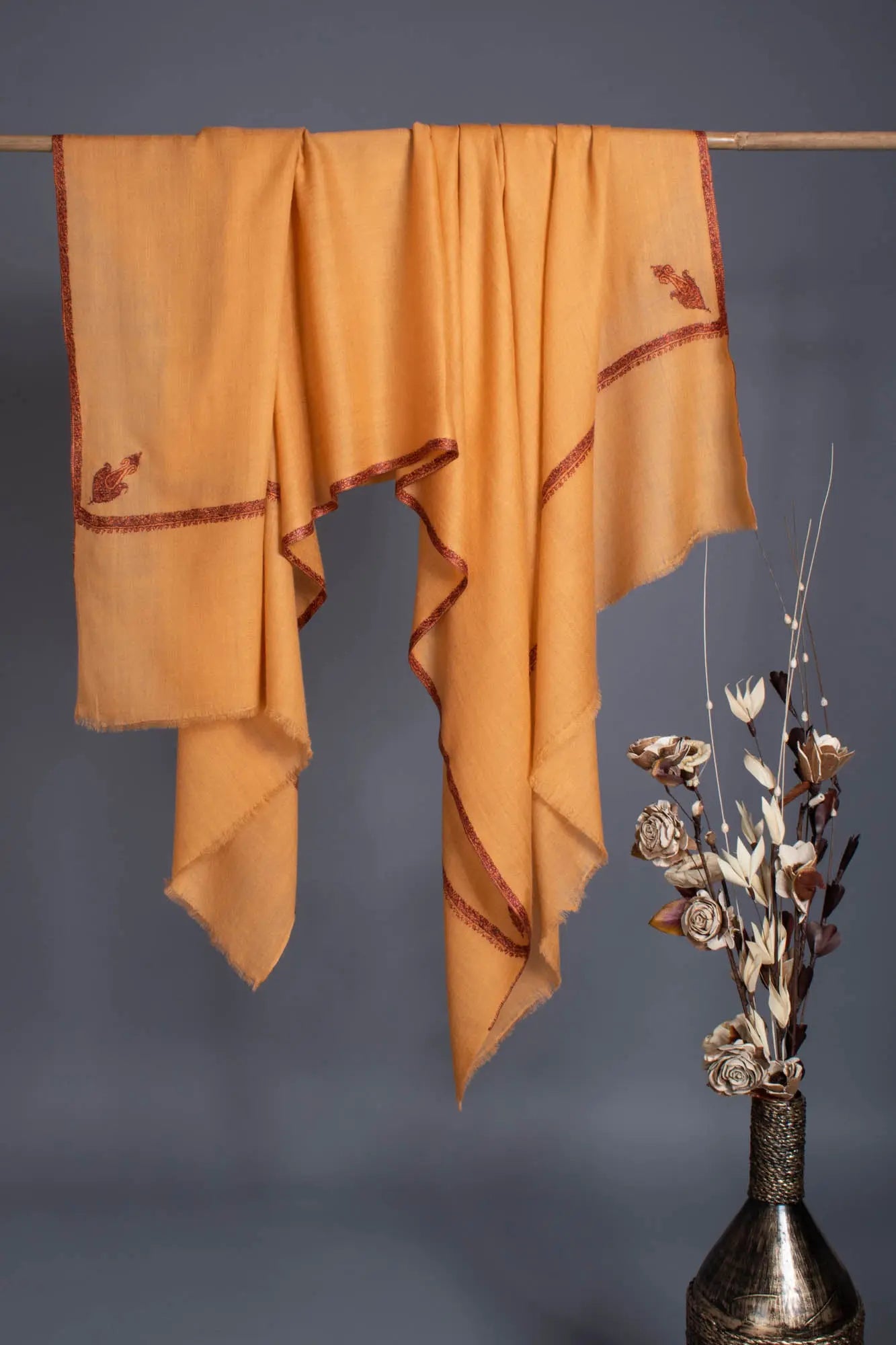 Tangerine Hand Embroidered Baildar Pashmina Shawl - MISSISSAUGA Shahkaar