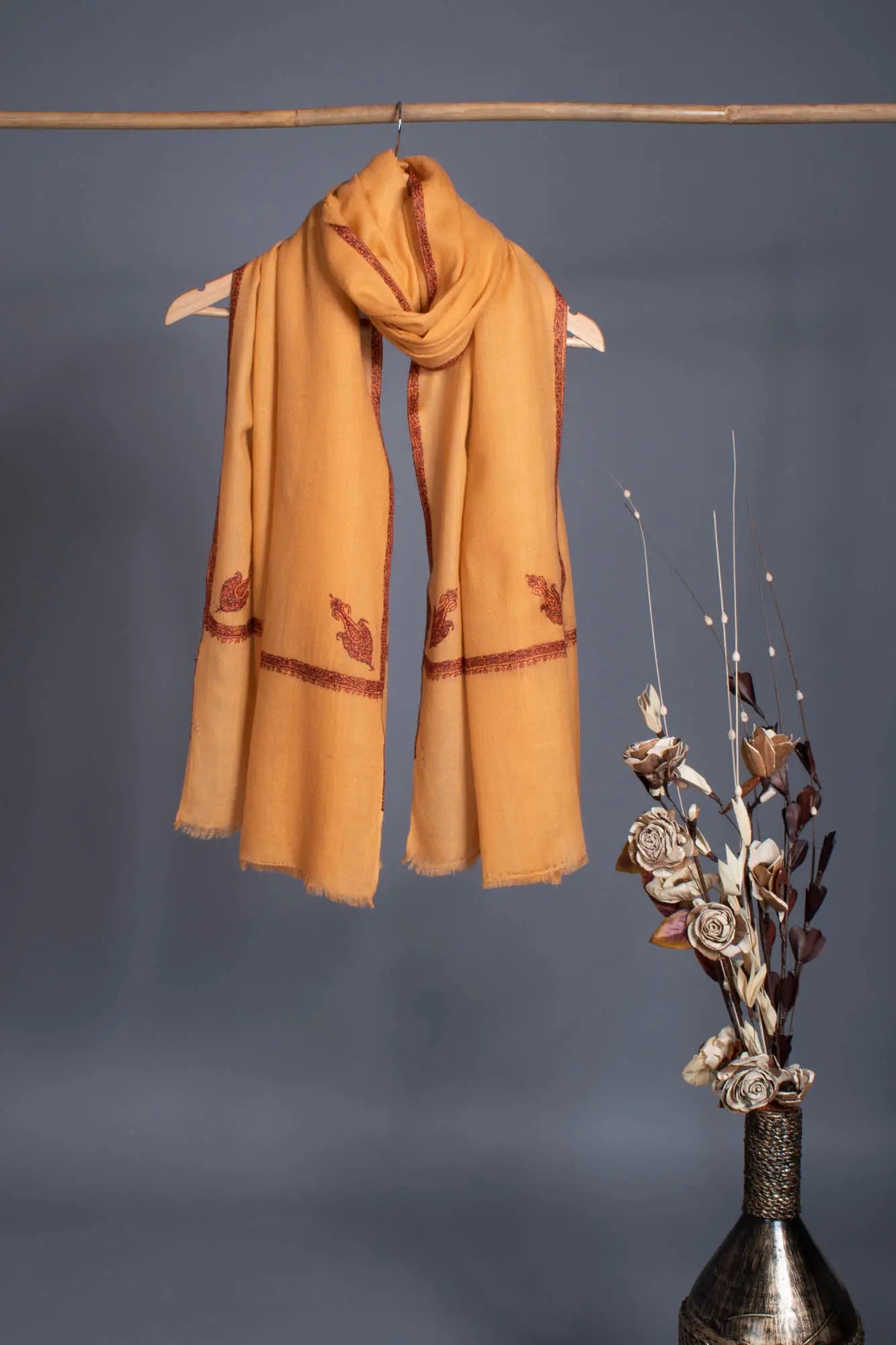 Tangerine Hand Embroidered Baildar Pashmina Shawl - MISSISSAUGA Shahkaar