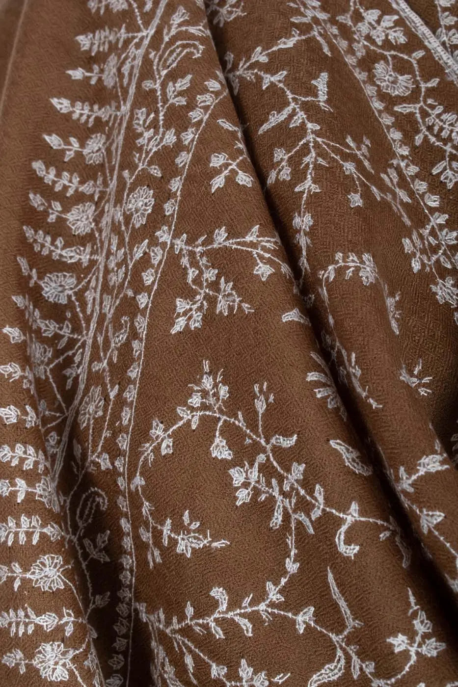 White and Brown Sozni Embroidered Pashmina Shawl - AMRAVATI Shahkaar