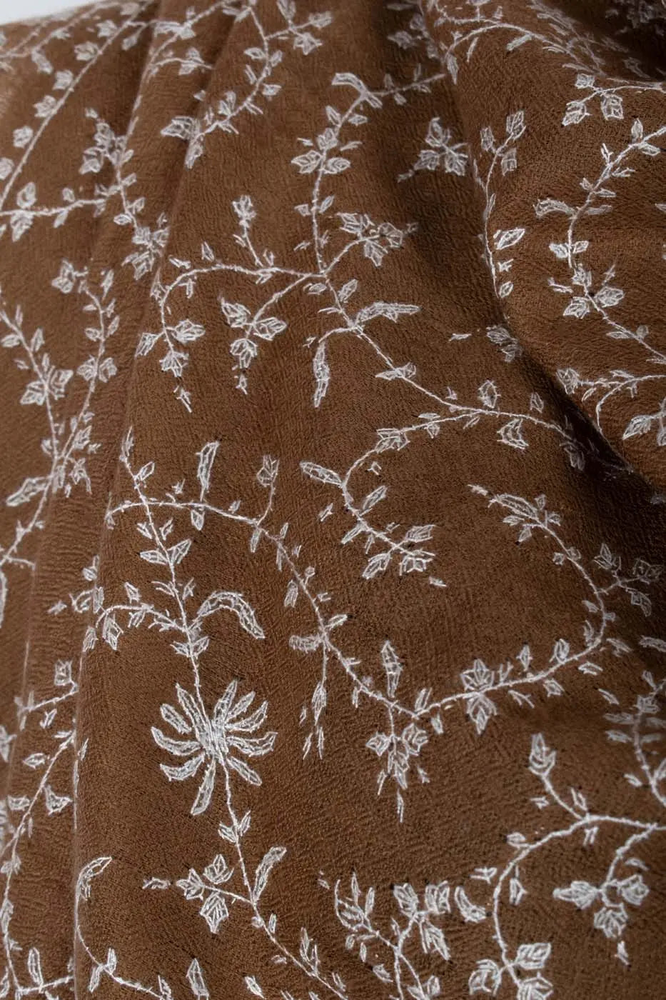 White and Brown Sozni Embroidered Pashmina Shawl - AMRAVATI Shahkaar