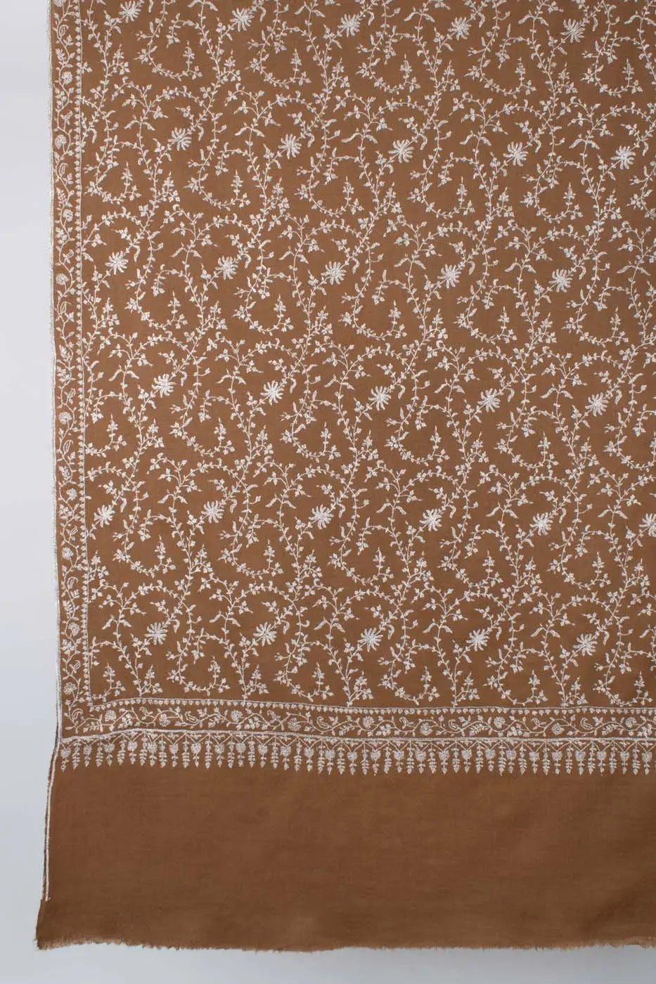 White and Brown Sozni Embroidered Pashmina Shawl - AMRAVATI Shahkaar