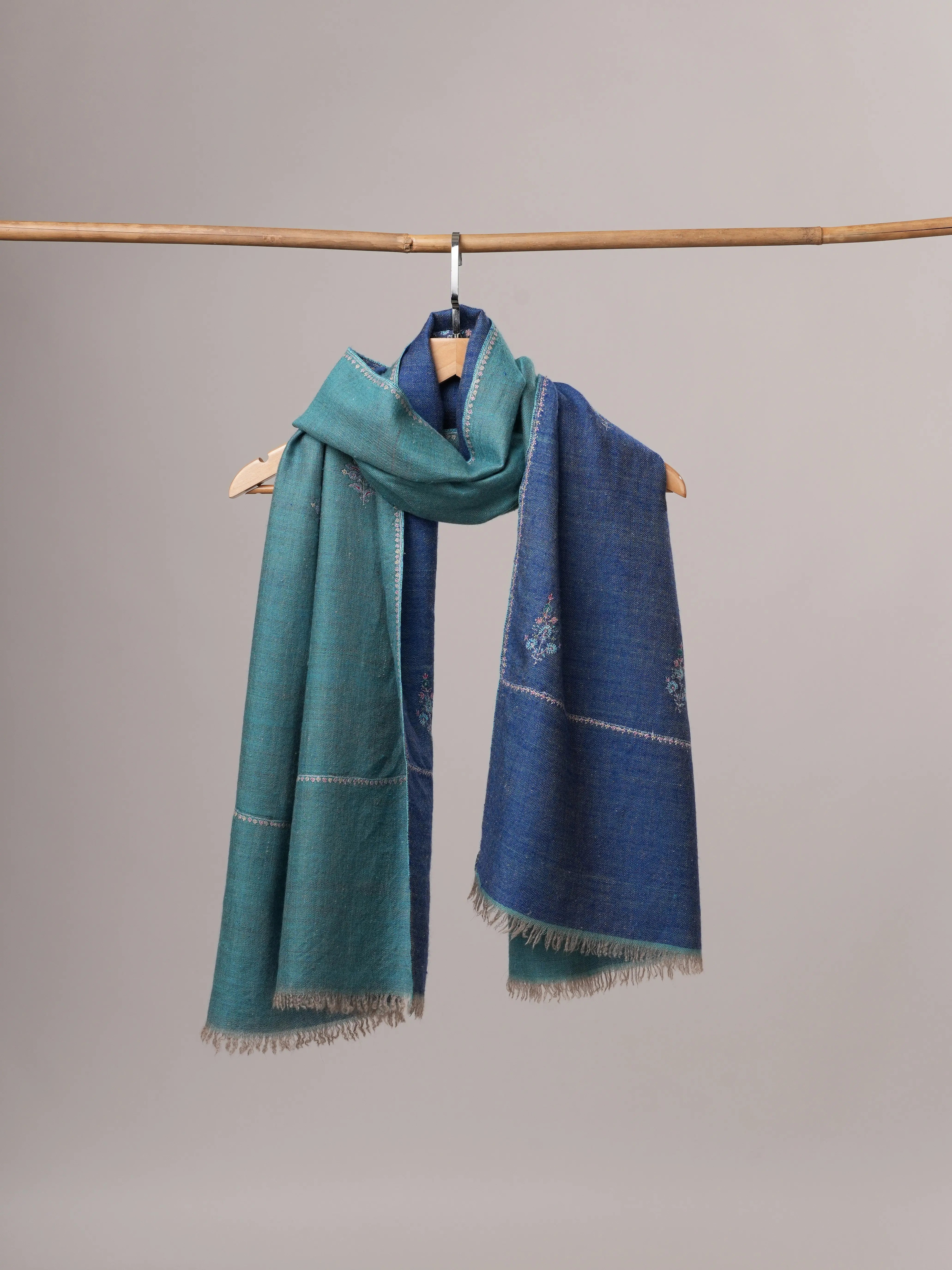 Artisan Crafted Dark Blue and Turquoise Cashmere Scarf with Hand-Embroidered Buteh Shahkaar