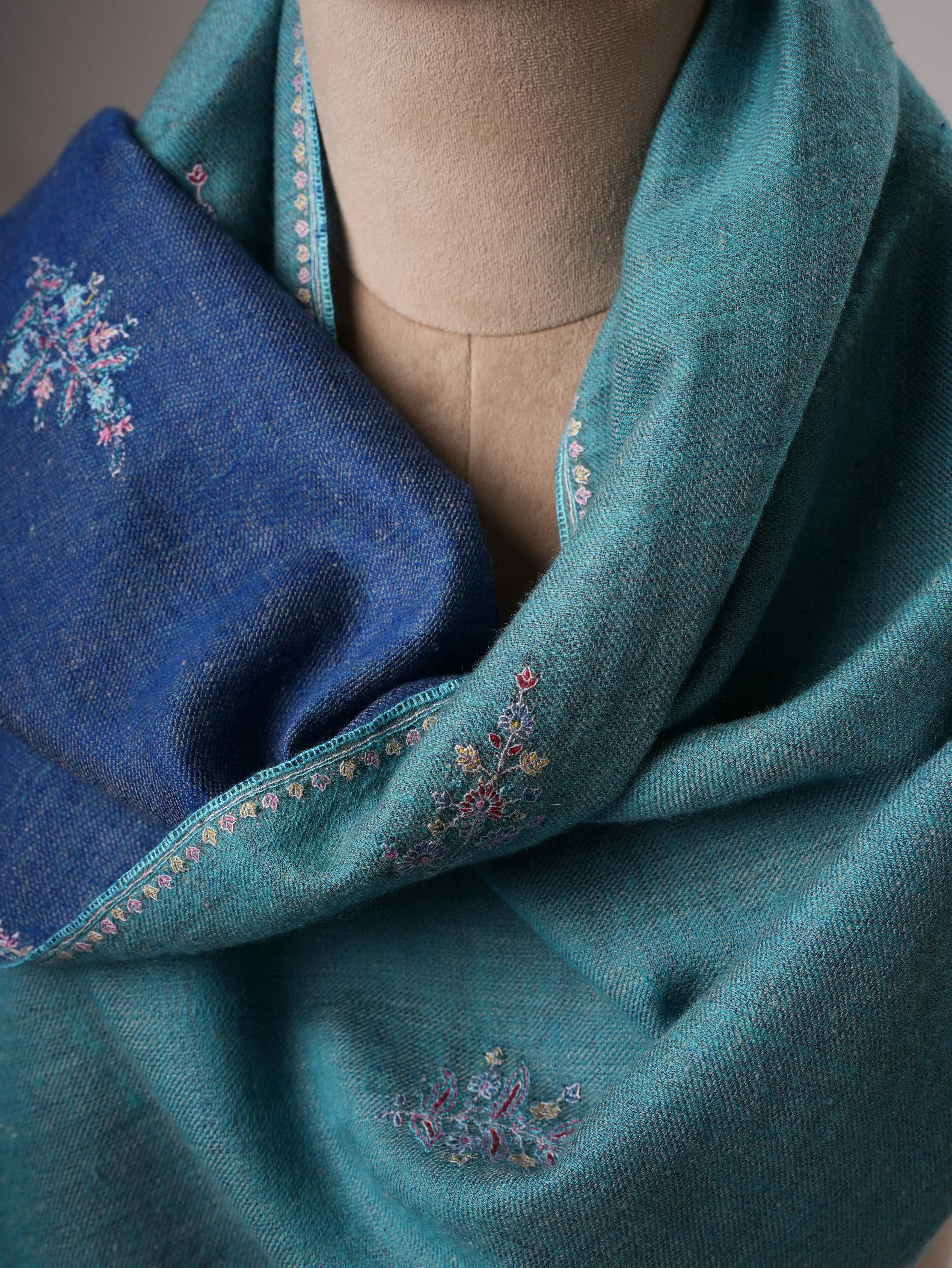Artisan Crafted Dark Blue and Turquoise Cashmere Scarf with Hand-Embroidered Buteh Shahkaar