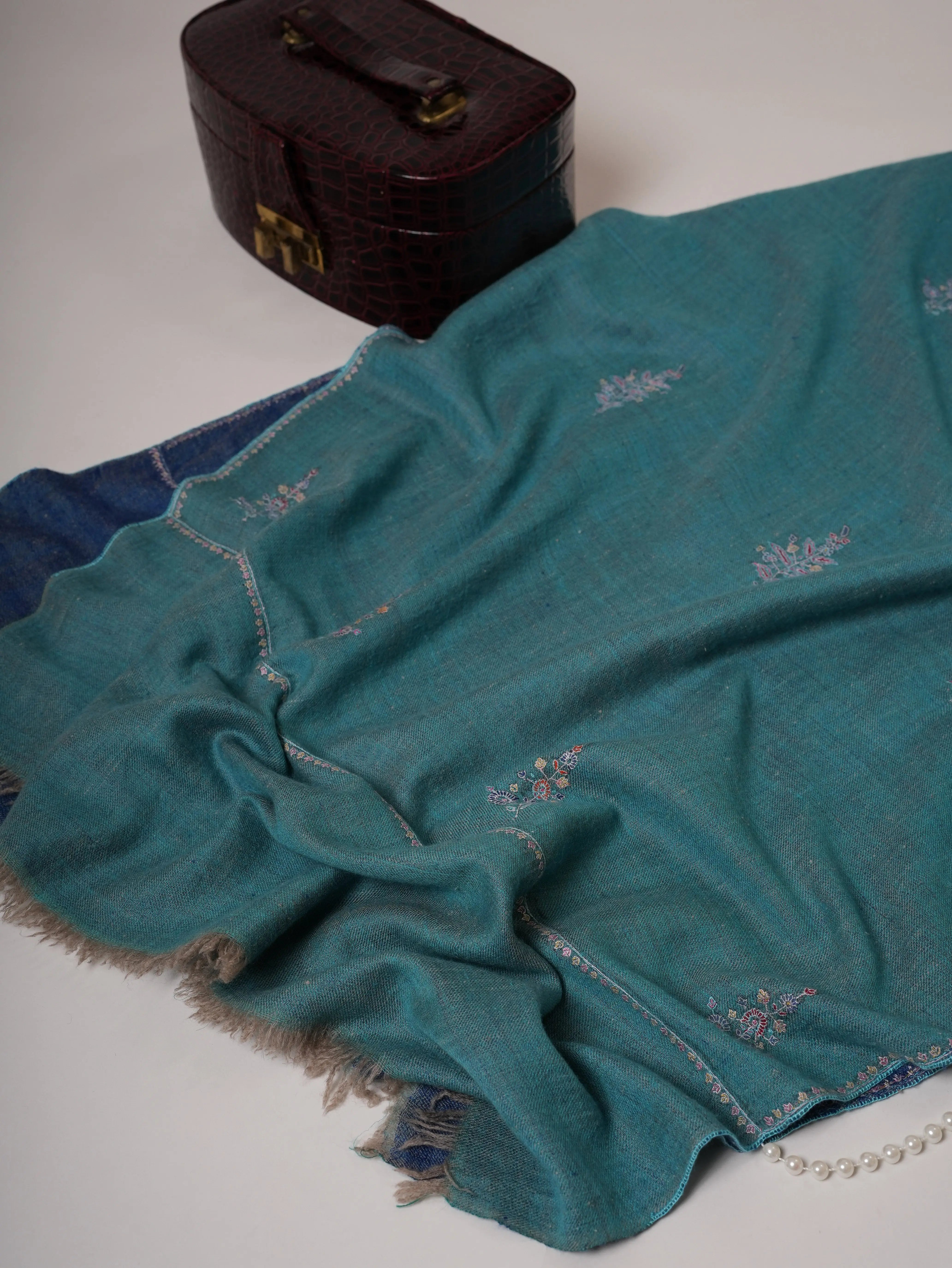 Artisan Crafted Dark Blue and Turquoise Cashmere Scarf with Hand-Embroidered Buteh Shahkaar