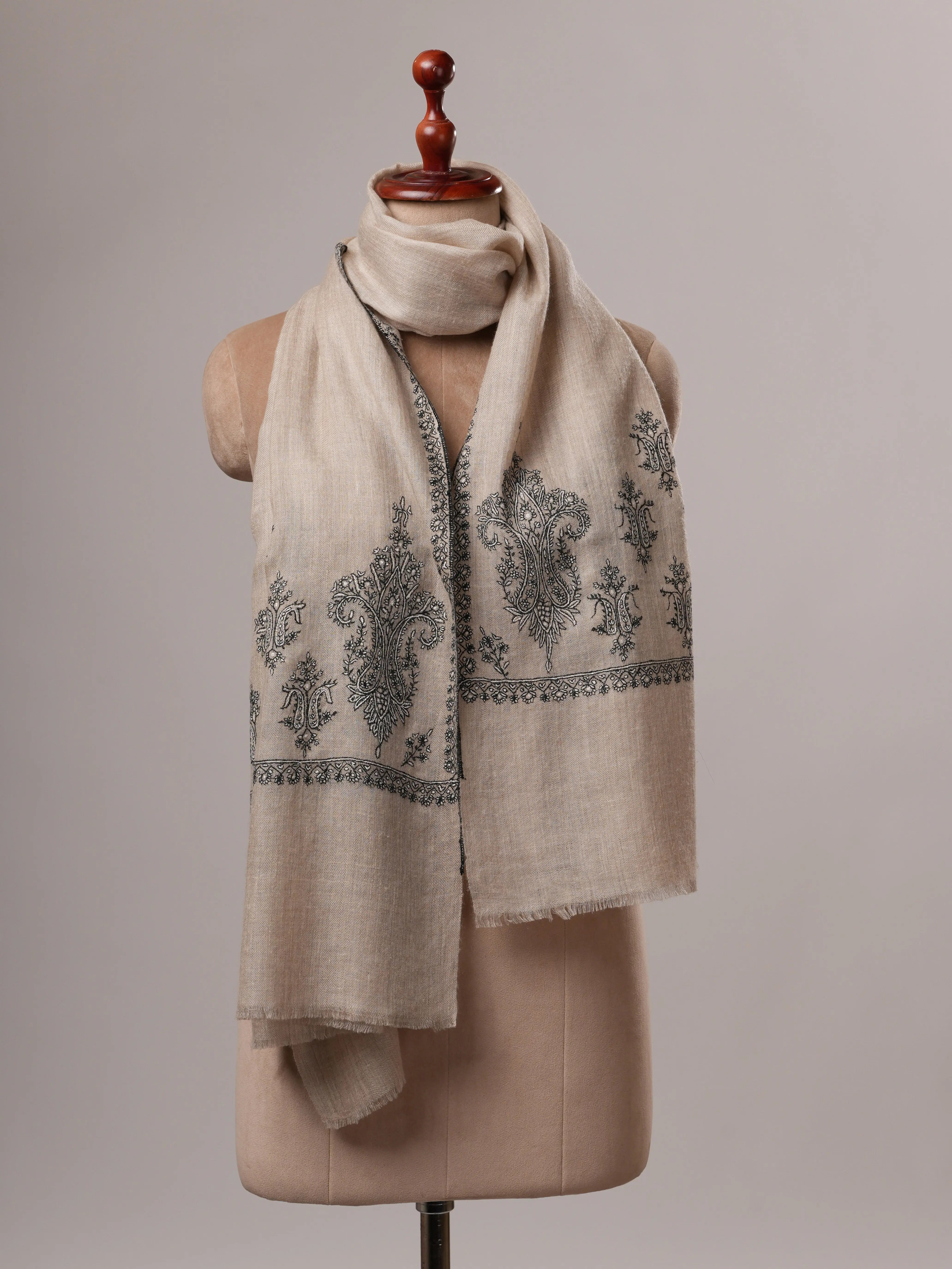 Artisan Crafted Grey Pure Cashmere Scarf Featuring Hand Embroidered Palla Shahkaar