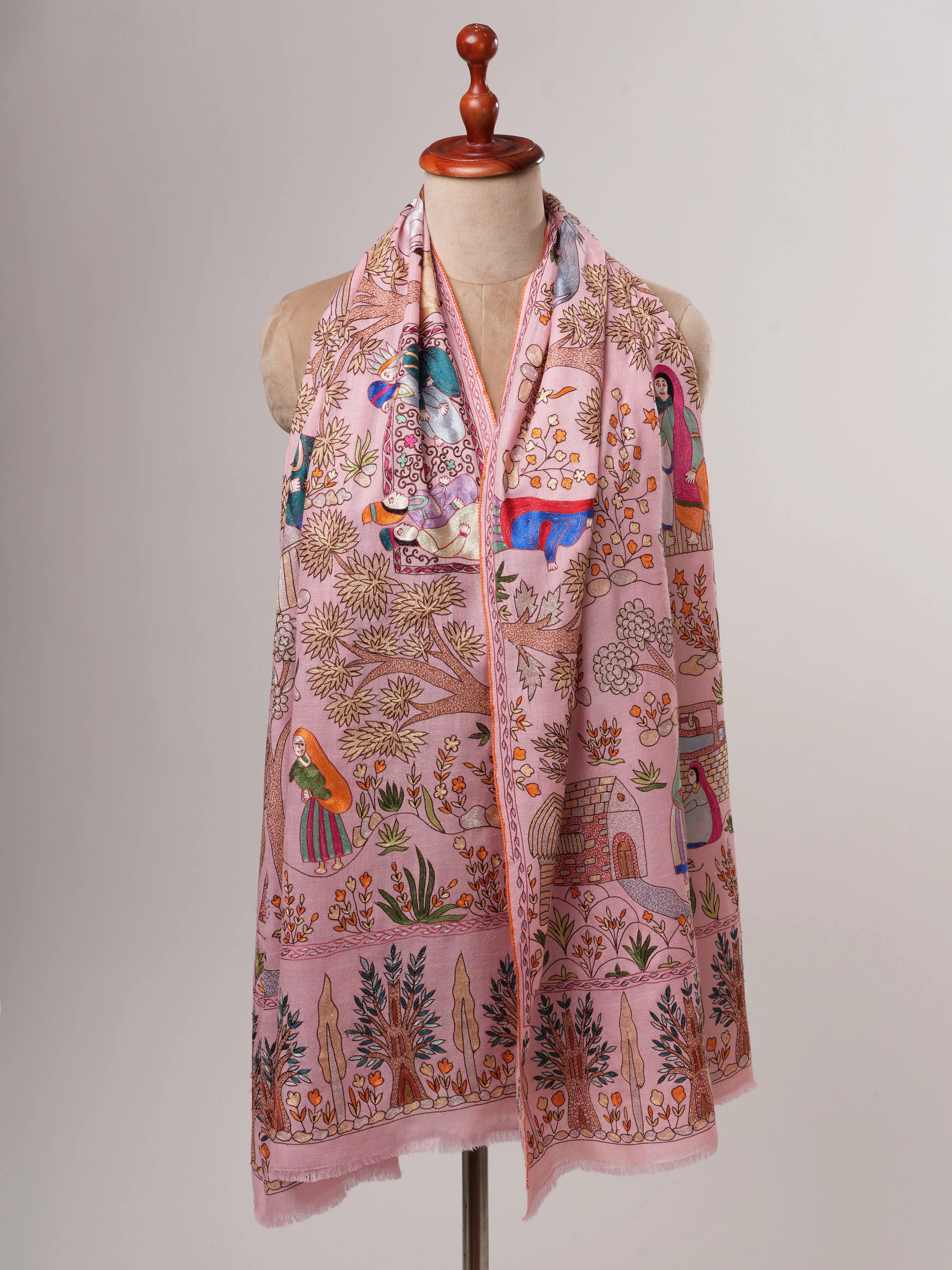 Baby Pink Hand Embroidered Artistic Cashmere Scarf Shahkaar