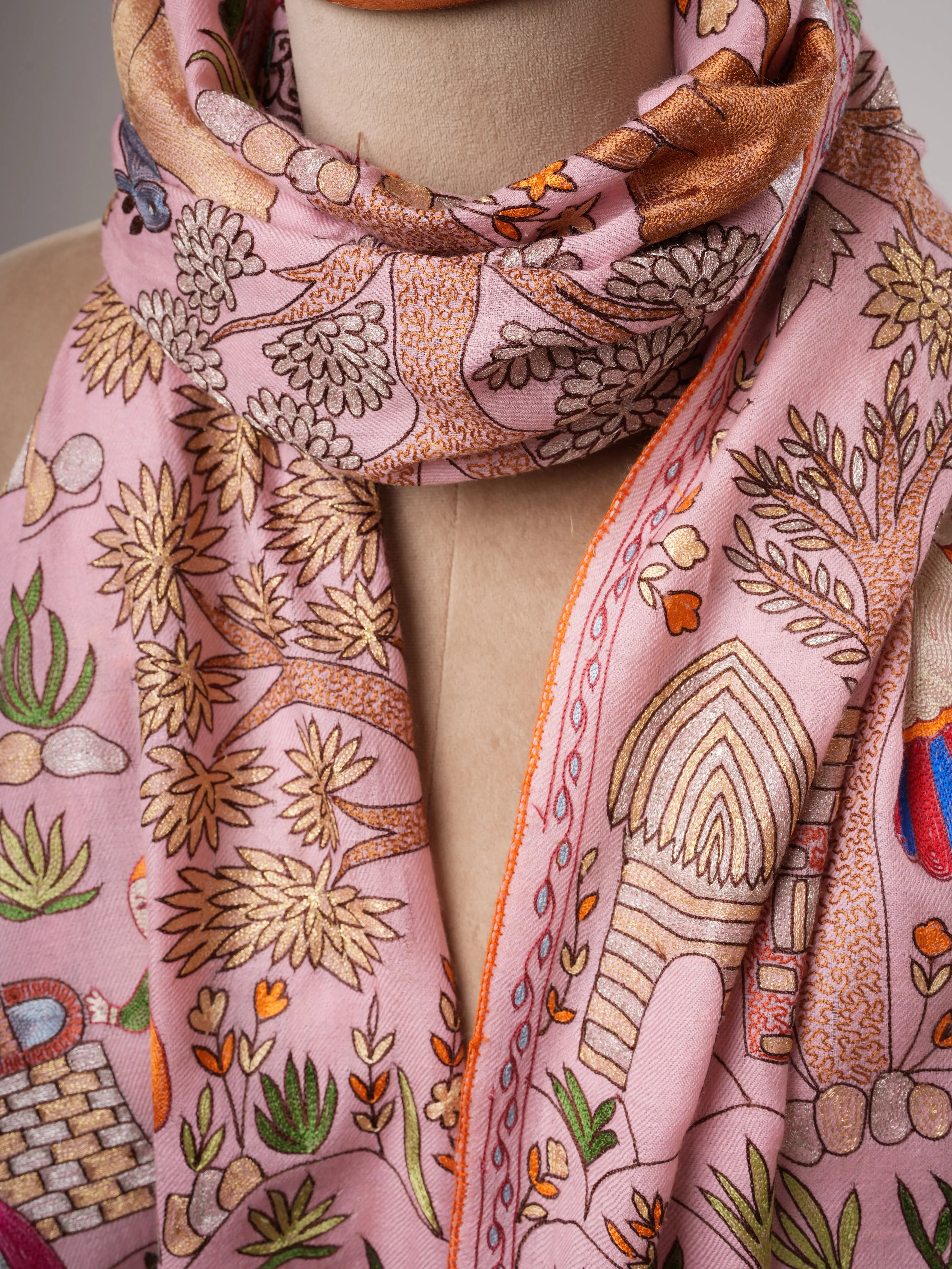 Baby Pink Hand Embroidered Artistic Cashmere Scarf Shahkaar