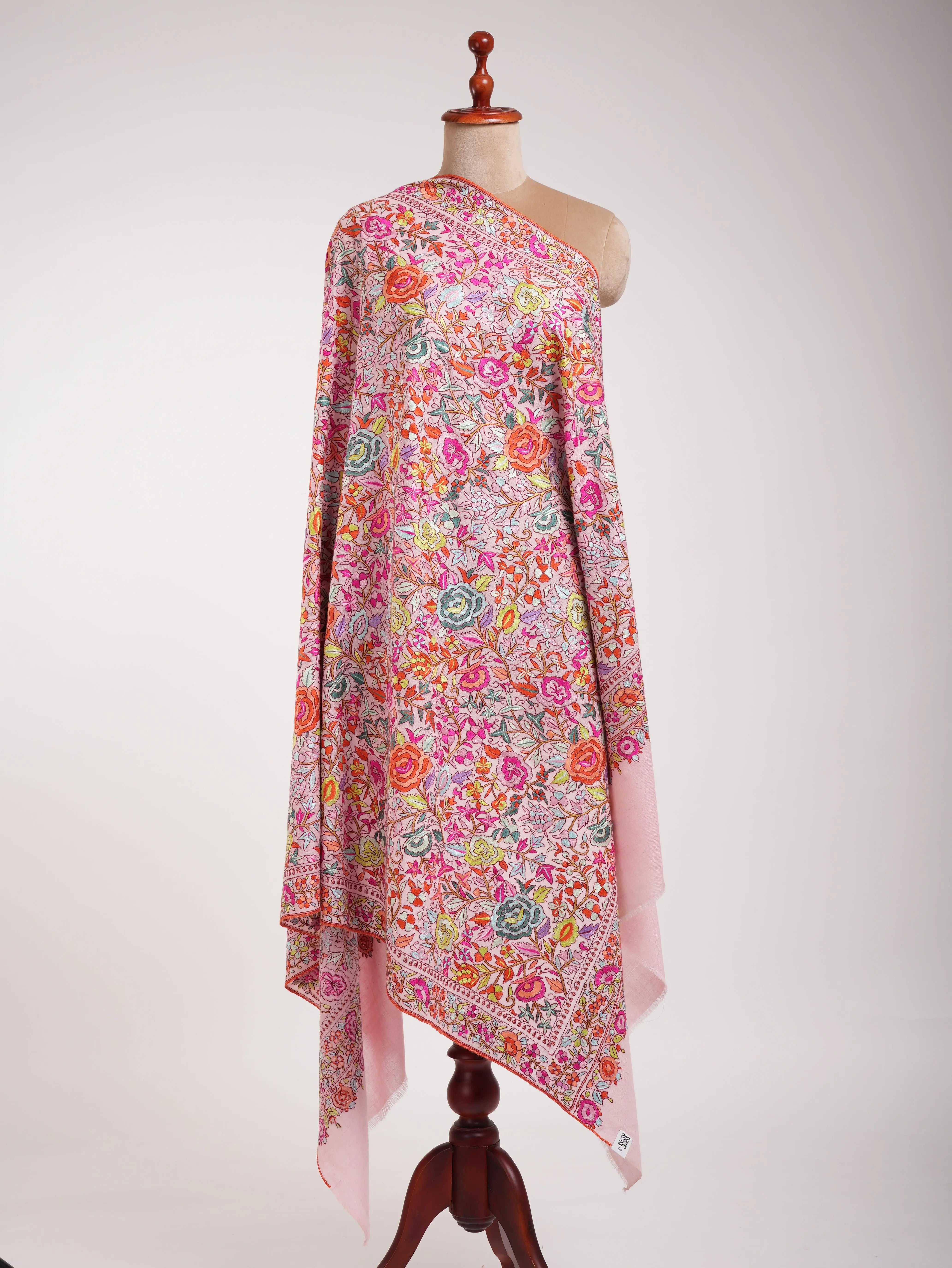 Baby Pink Paper Machie Embroidery Kashmiri Pashmina Shawl Shahkaar