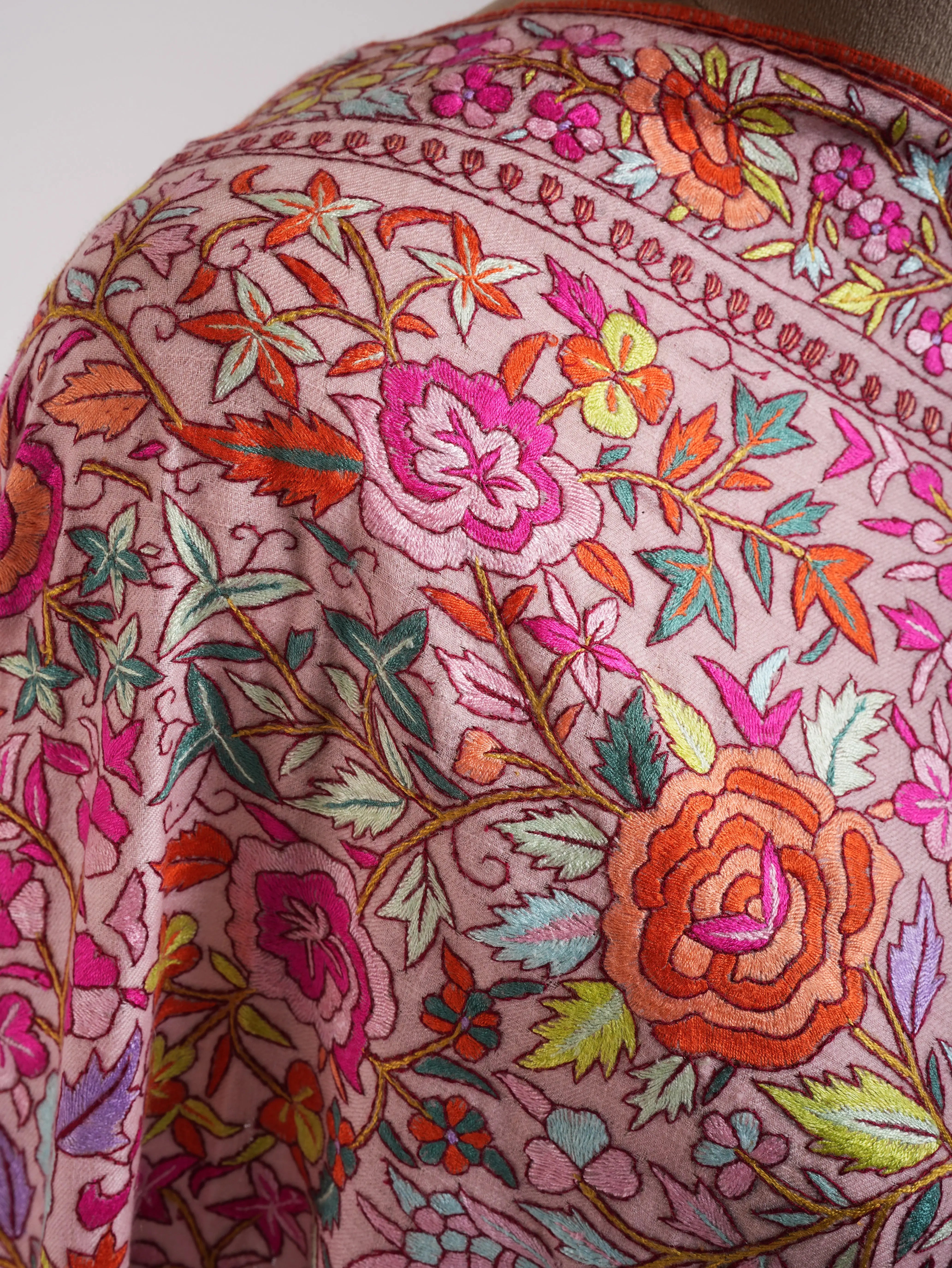 Baby Pink Paper Machie Embroidery Kashmiri Pashmina Shawl Shahkaar
