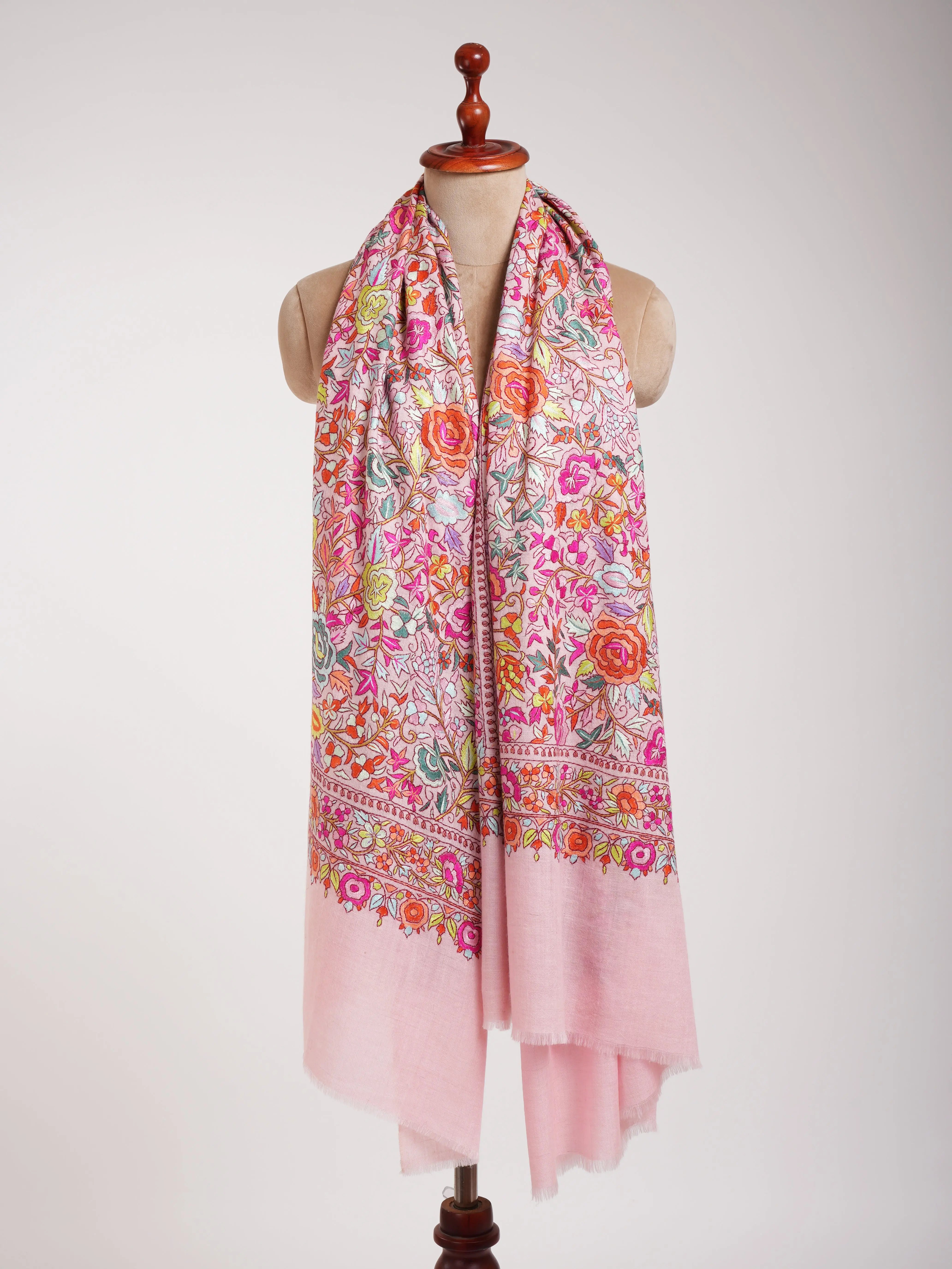 Baby Pink Paper Machie Embroidery Kashmiri Pashmina Shawl Shahkaar