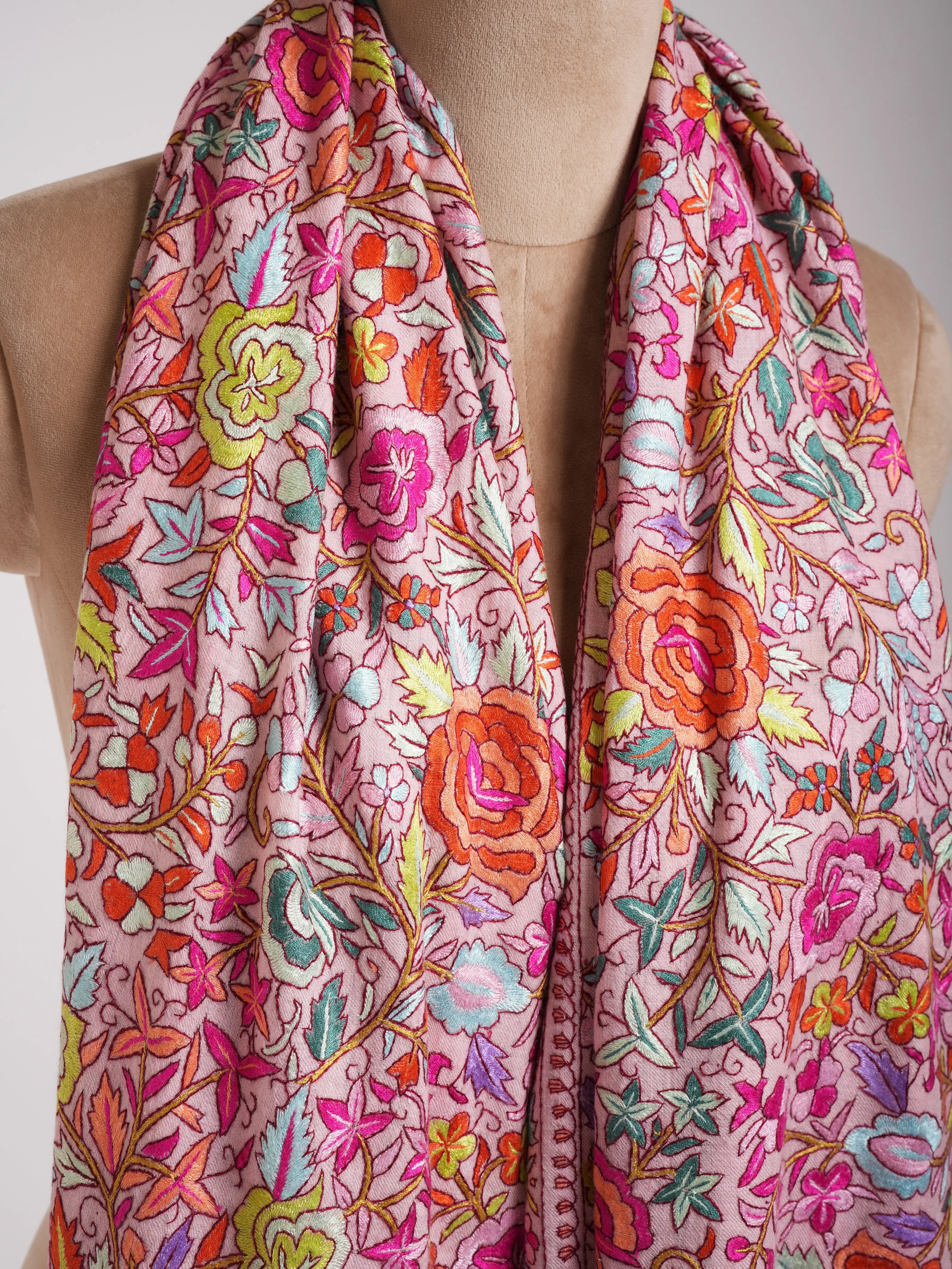 Baby Pink Paper Machie Embroidery Kashmiri Pashmina Shawl Shahkaar