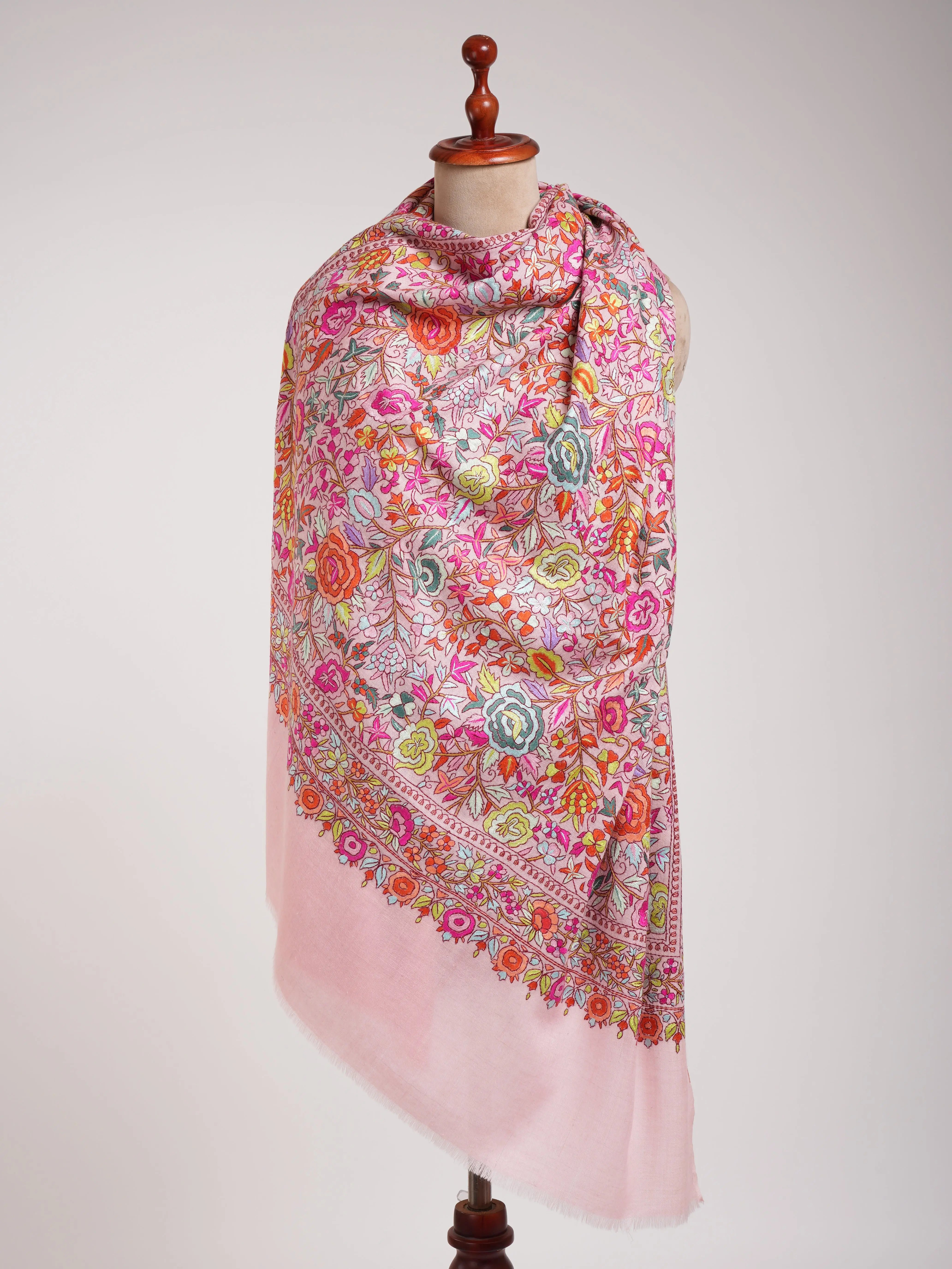 Baby Pink Paper Machie Embroidery Kashmiri Pashmina Shawl Shahkaar