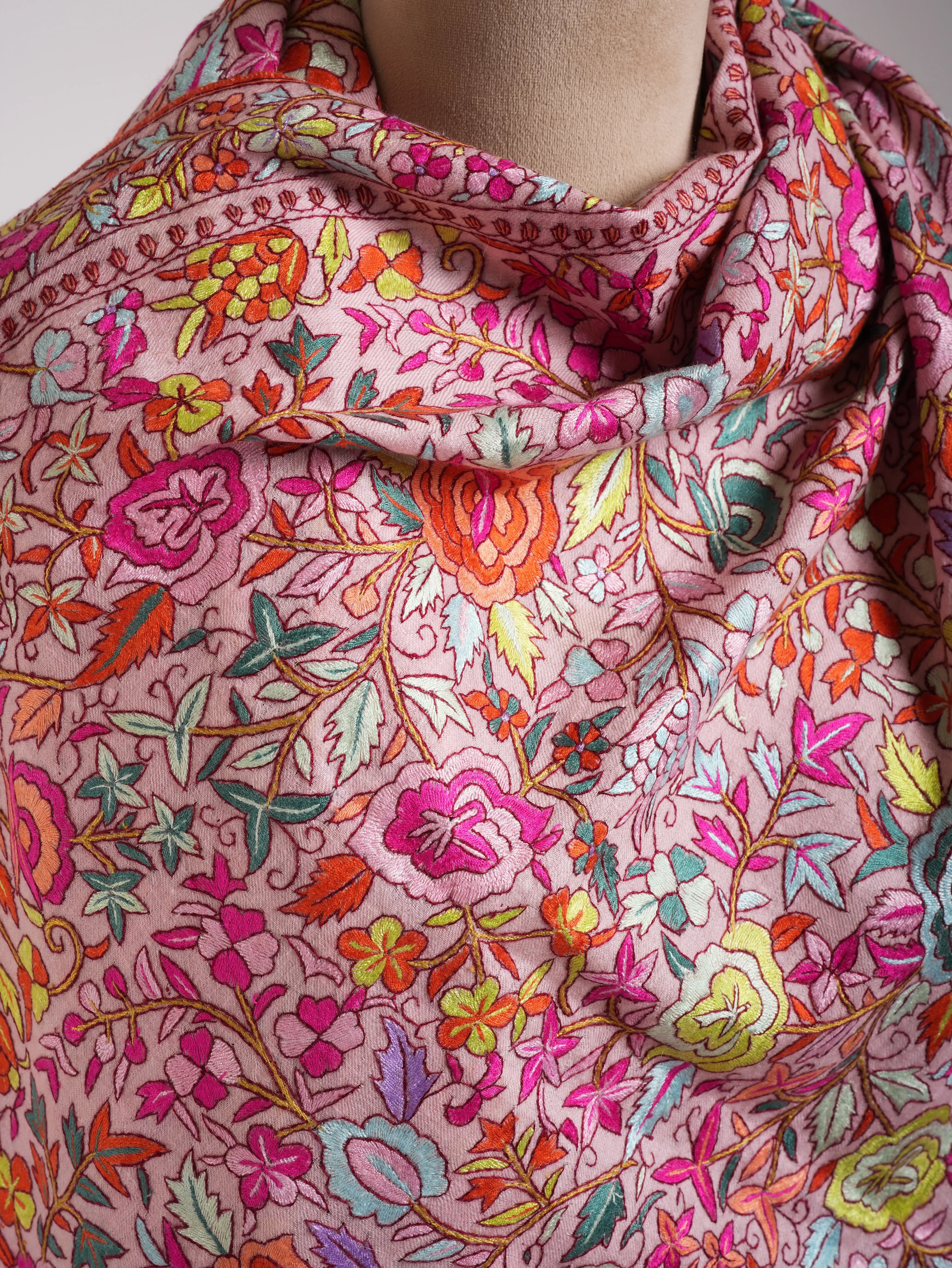 Baby Pink Paper Machie Embroidery Kashmiri Pashmina Shawl Shahkaar
