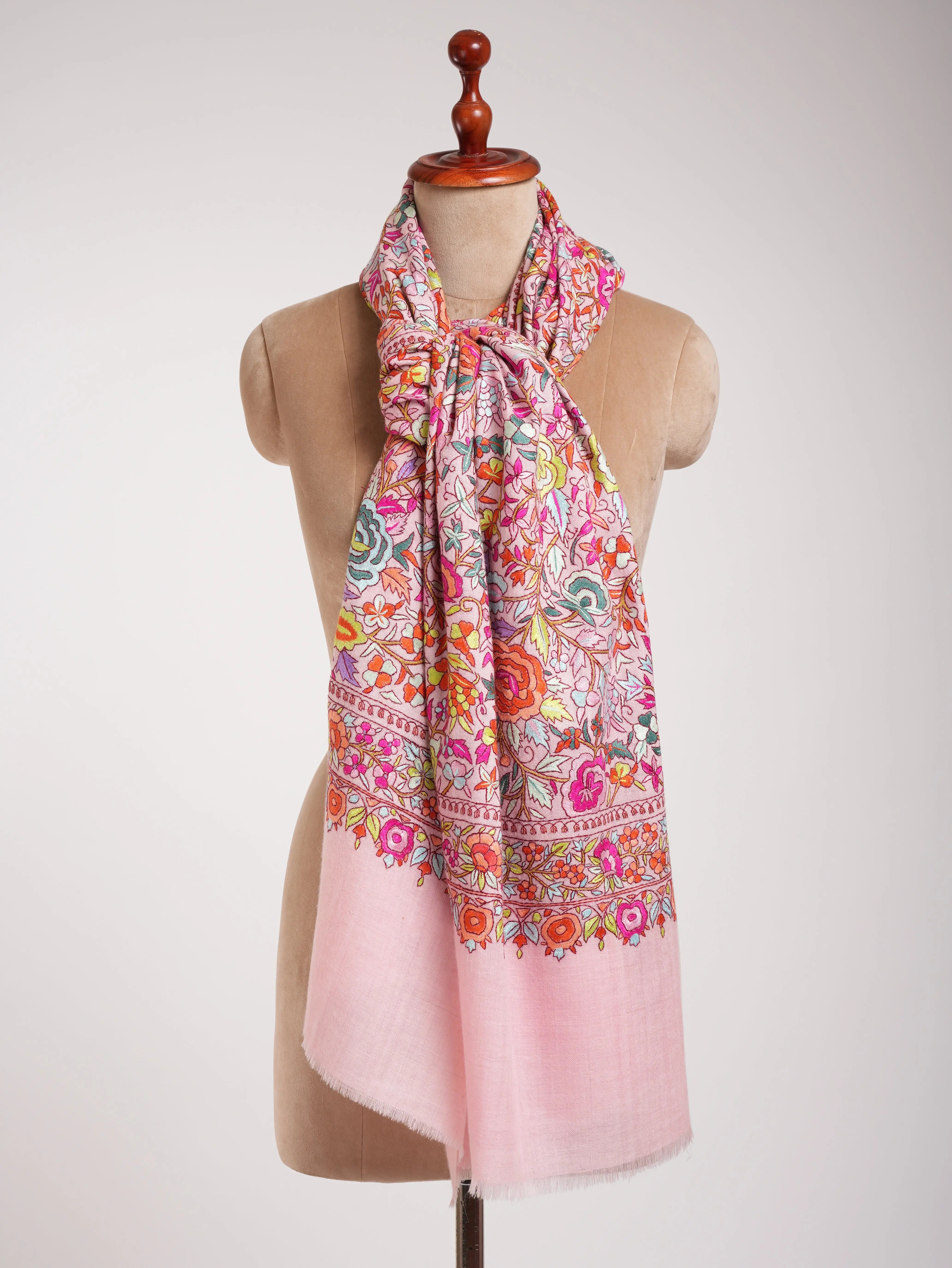 Baby Pink Paper Machie Embroidery Kashmiri Pashmina Shawl Shahkaar