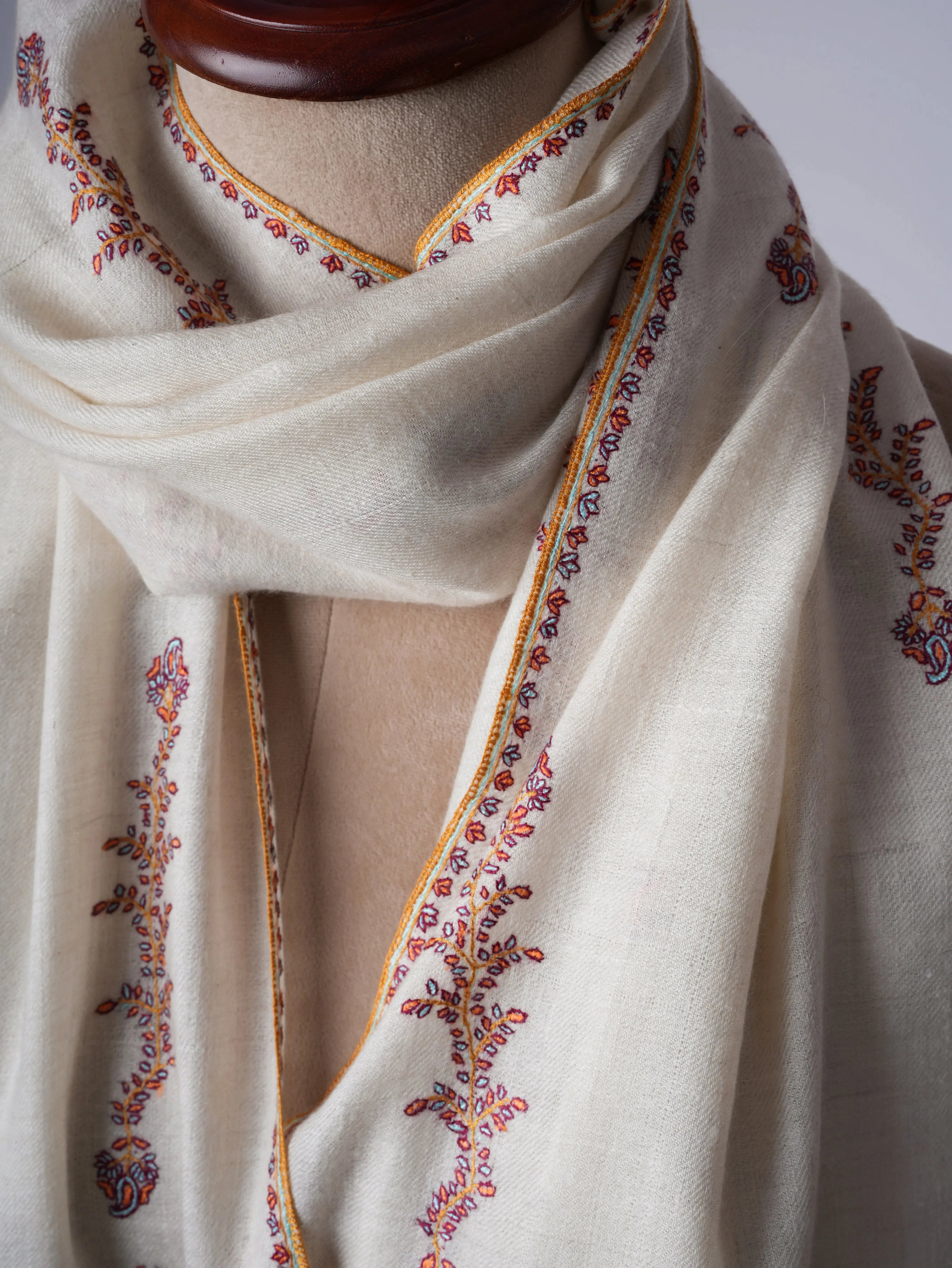 Baby Soft Ivory Cashmere Scarf with Delicate Needlework Shahkaar