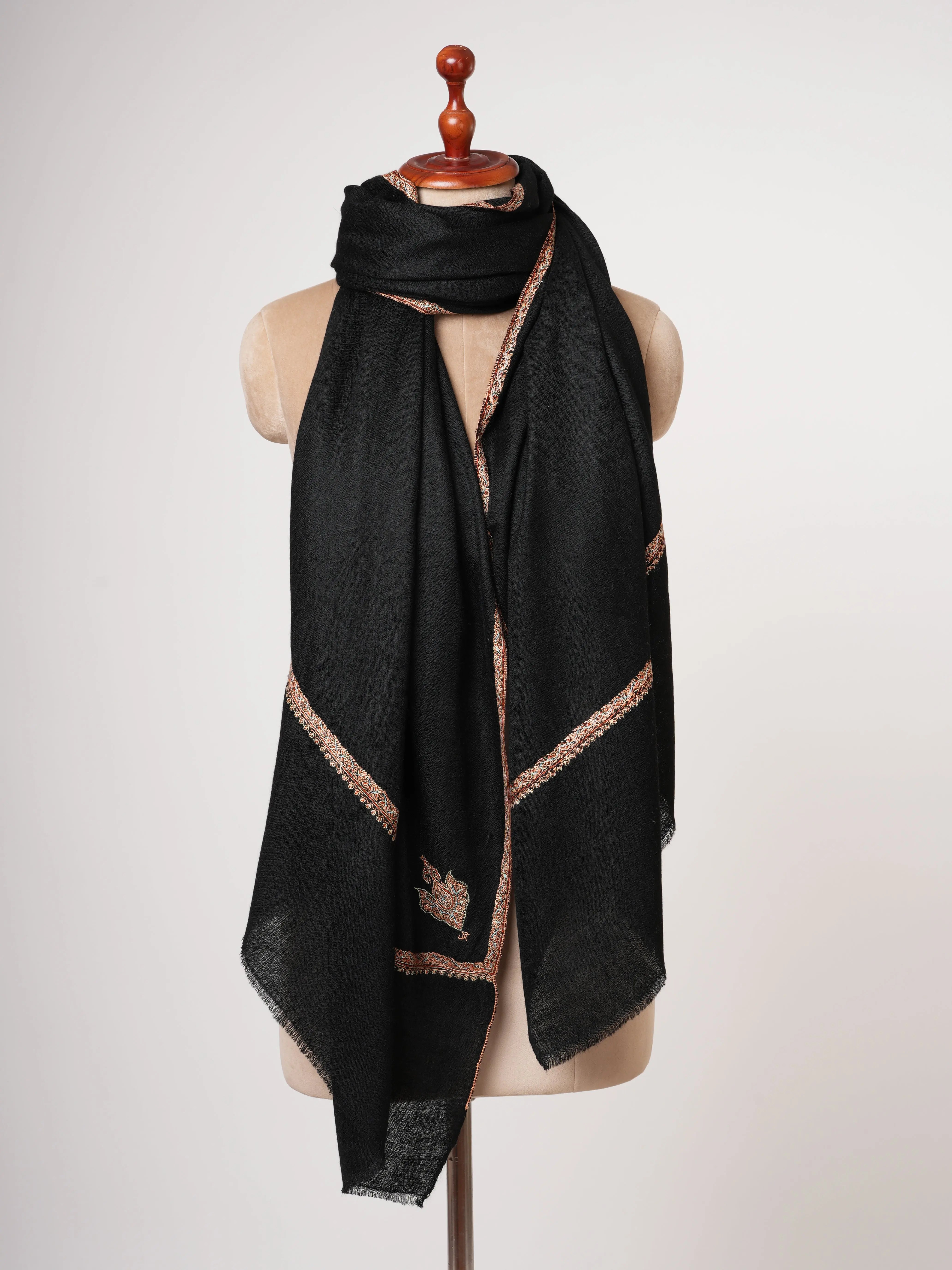 Baby Soft Kashmiri Black Pashmina Shawl with Bail Embroidery Shahkaar