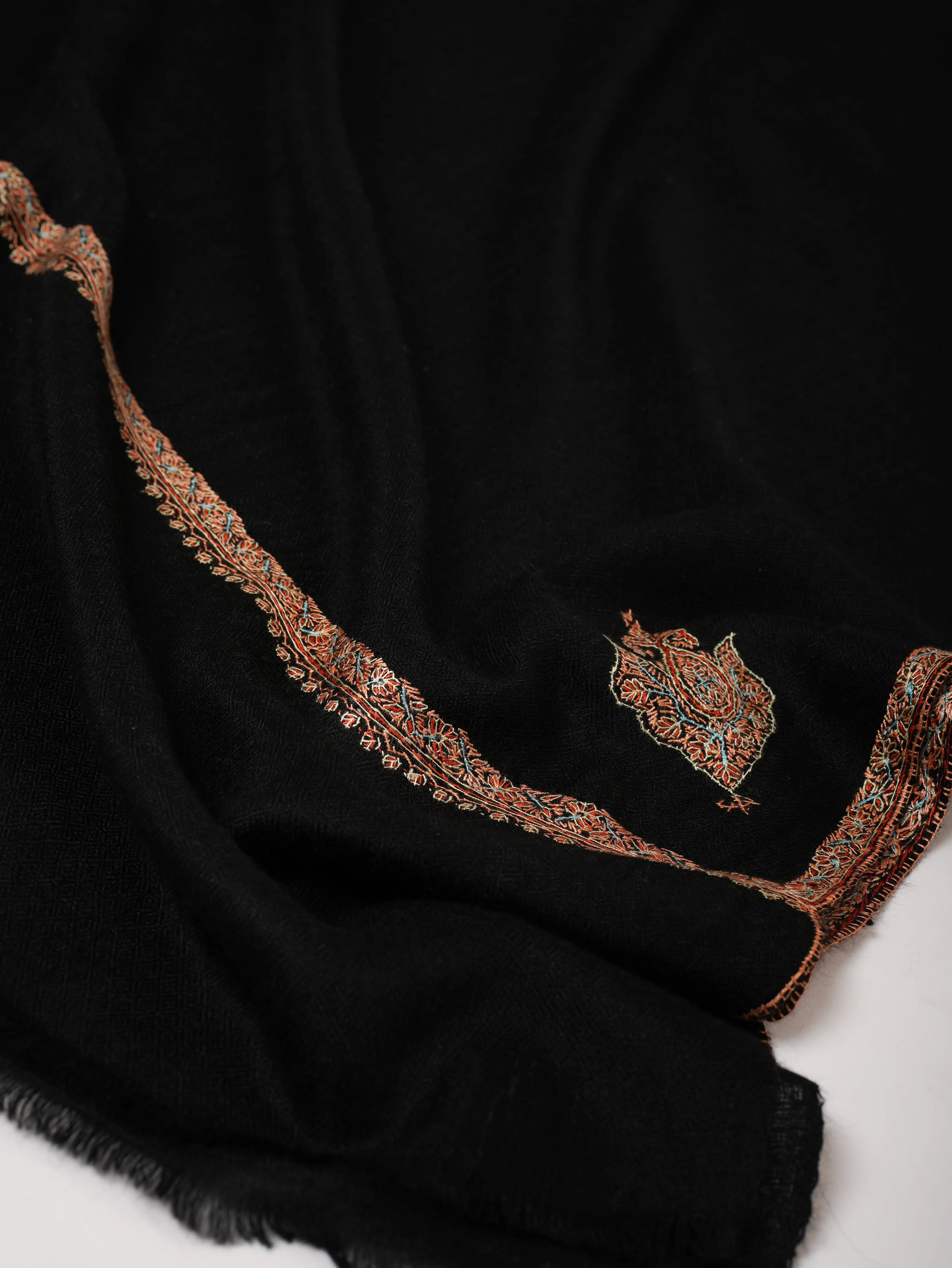 Baby Soft Kashmiri Black Pashmina Shawl with Bail Embroidery Shahkaar