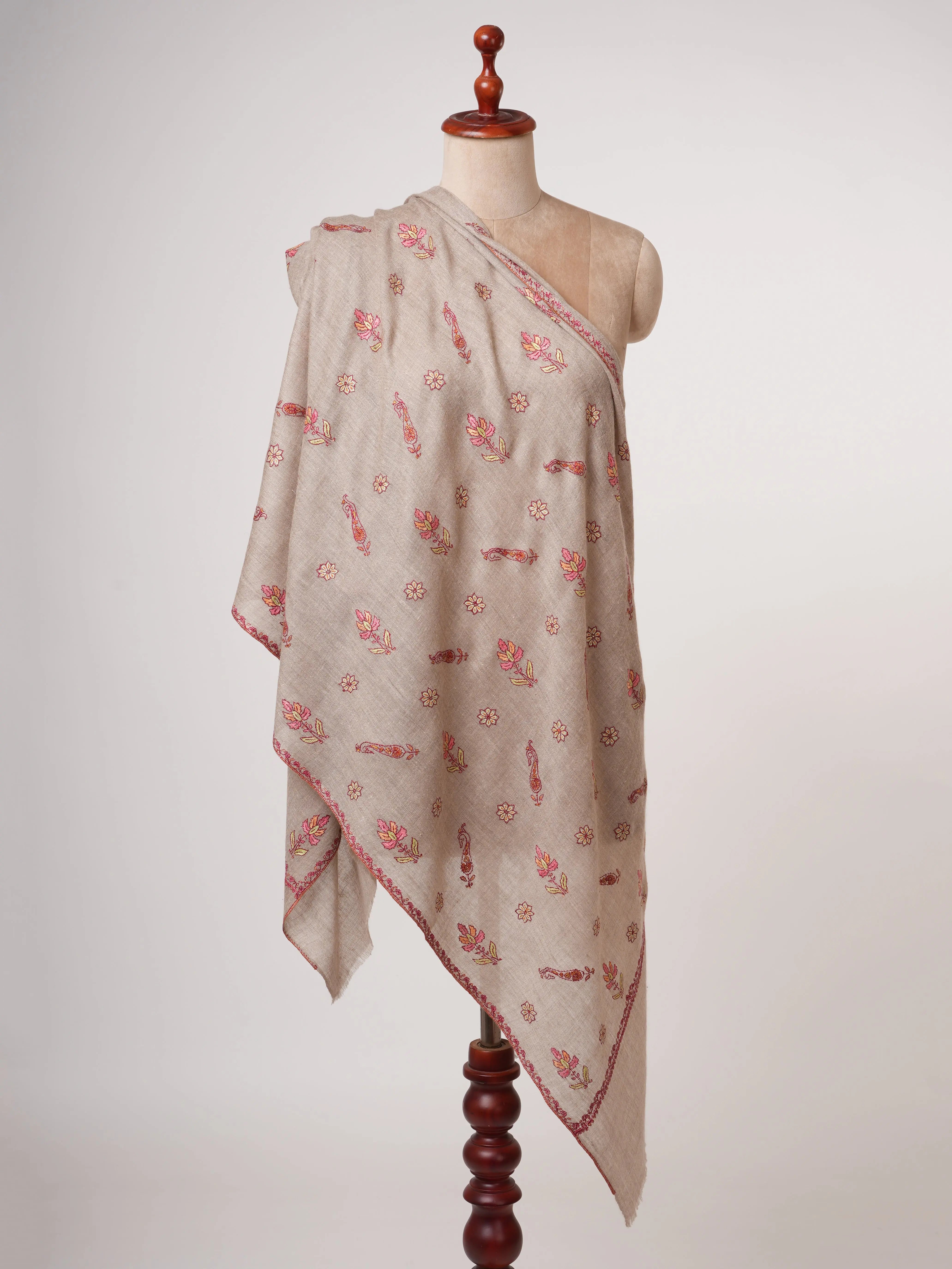 Baby Soft Natural Grey Cashmere Scarf with Fine Hand Embroidery – Elegant Everyday Luxury Shahkaar