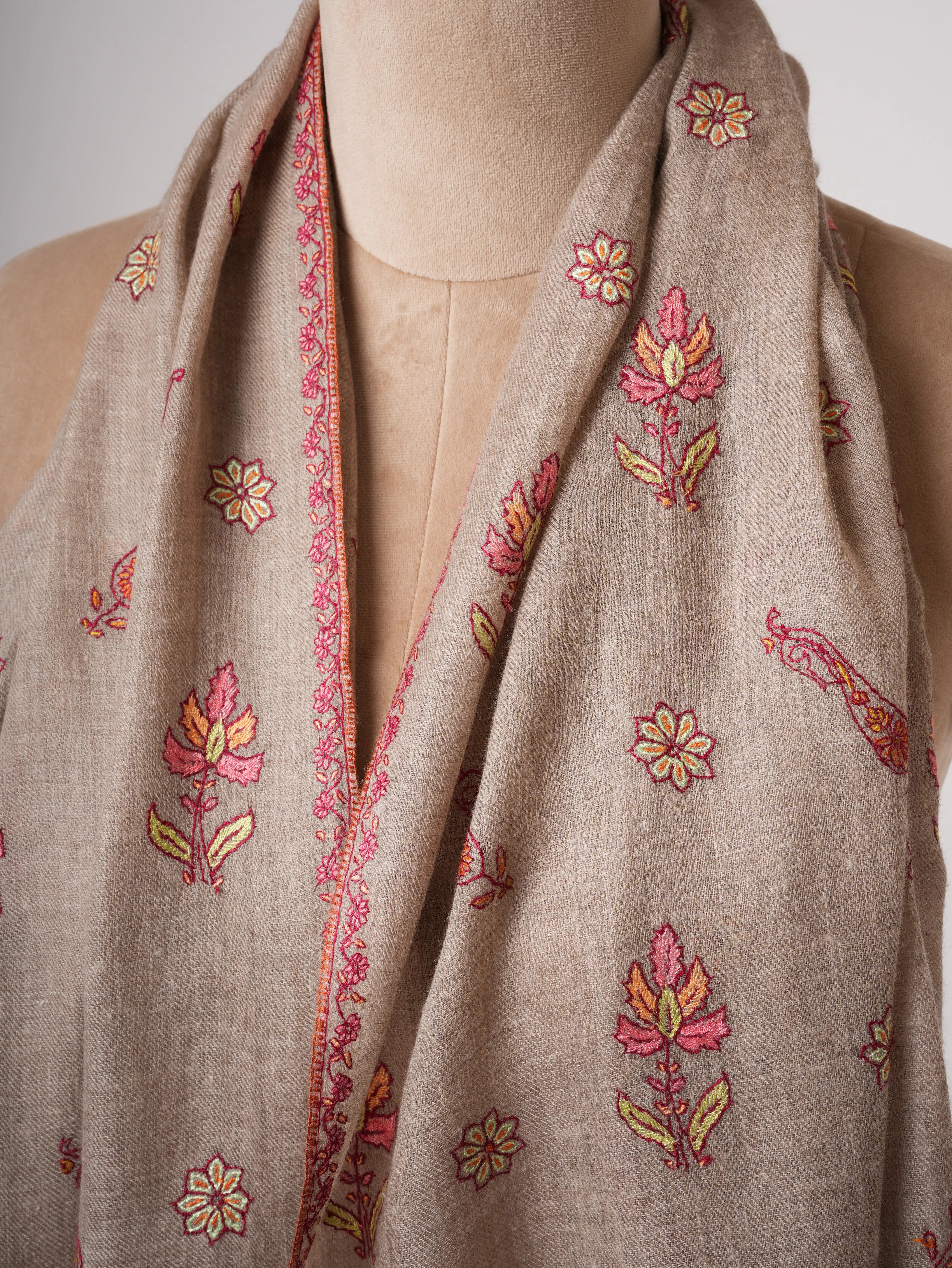 Baby Soft Natural Grey Cashmere Scarf with Fine Hand Embroidery – Elegant Everyday Luxury Shahkaar