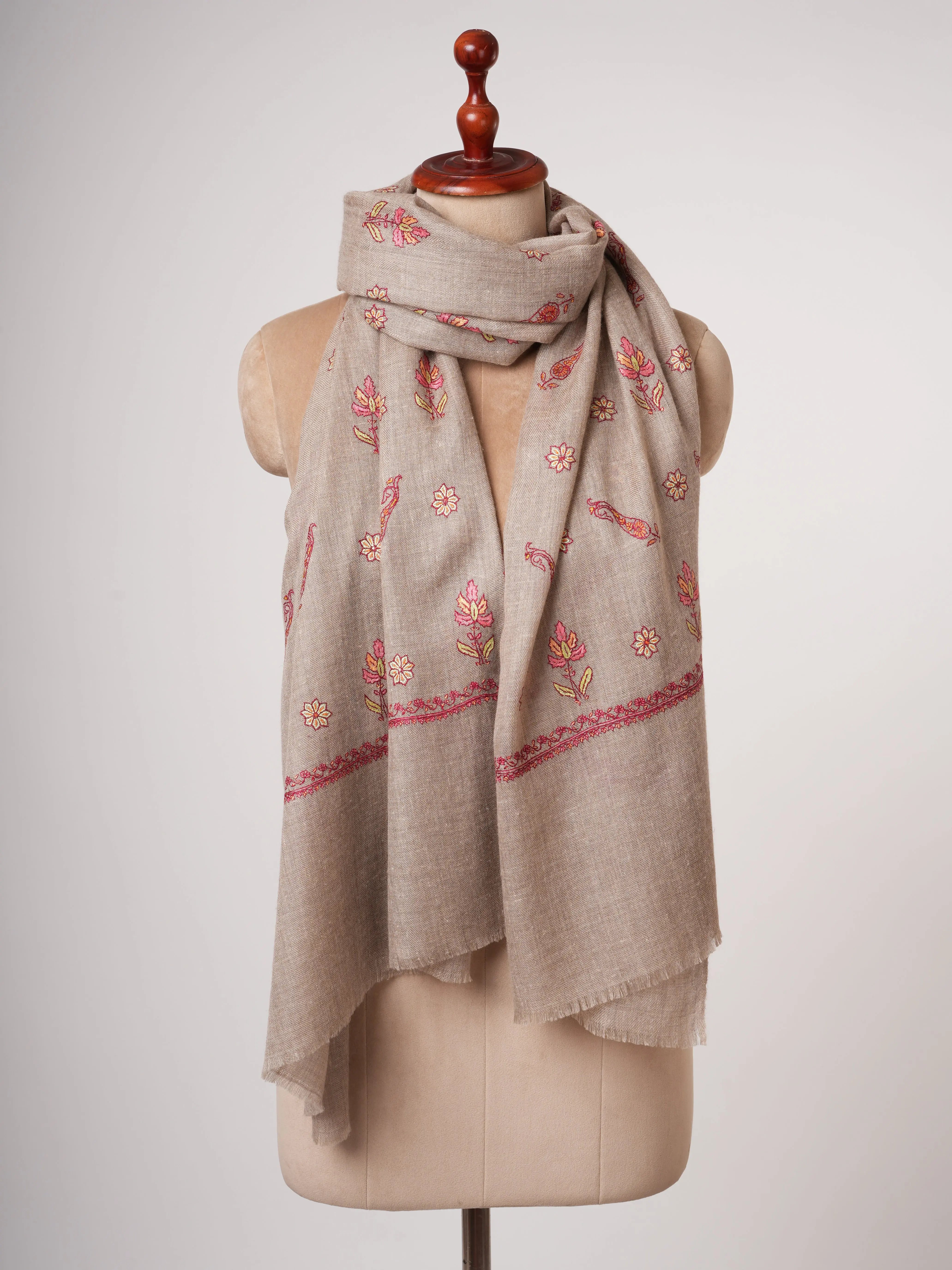Baby Soft Natural Grey Cashmere Scarf with Fine Hand Embroidery – Elegant Everyday Luxury Shahkaar