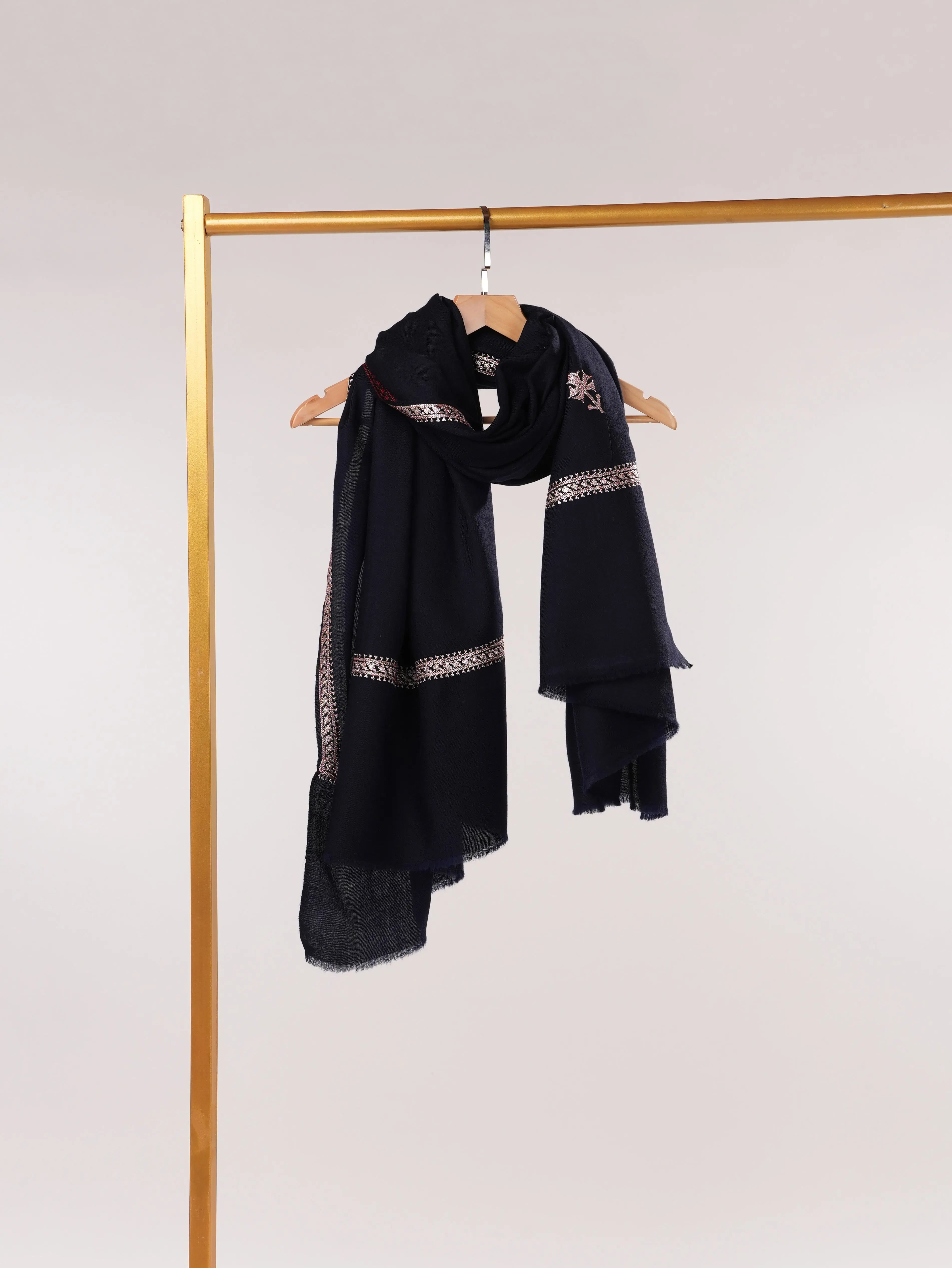 Baildar Hand Tilla Embroidered Dark Blue Authentic Fine Wool Shawl Shahkaar.com