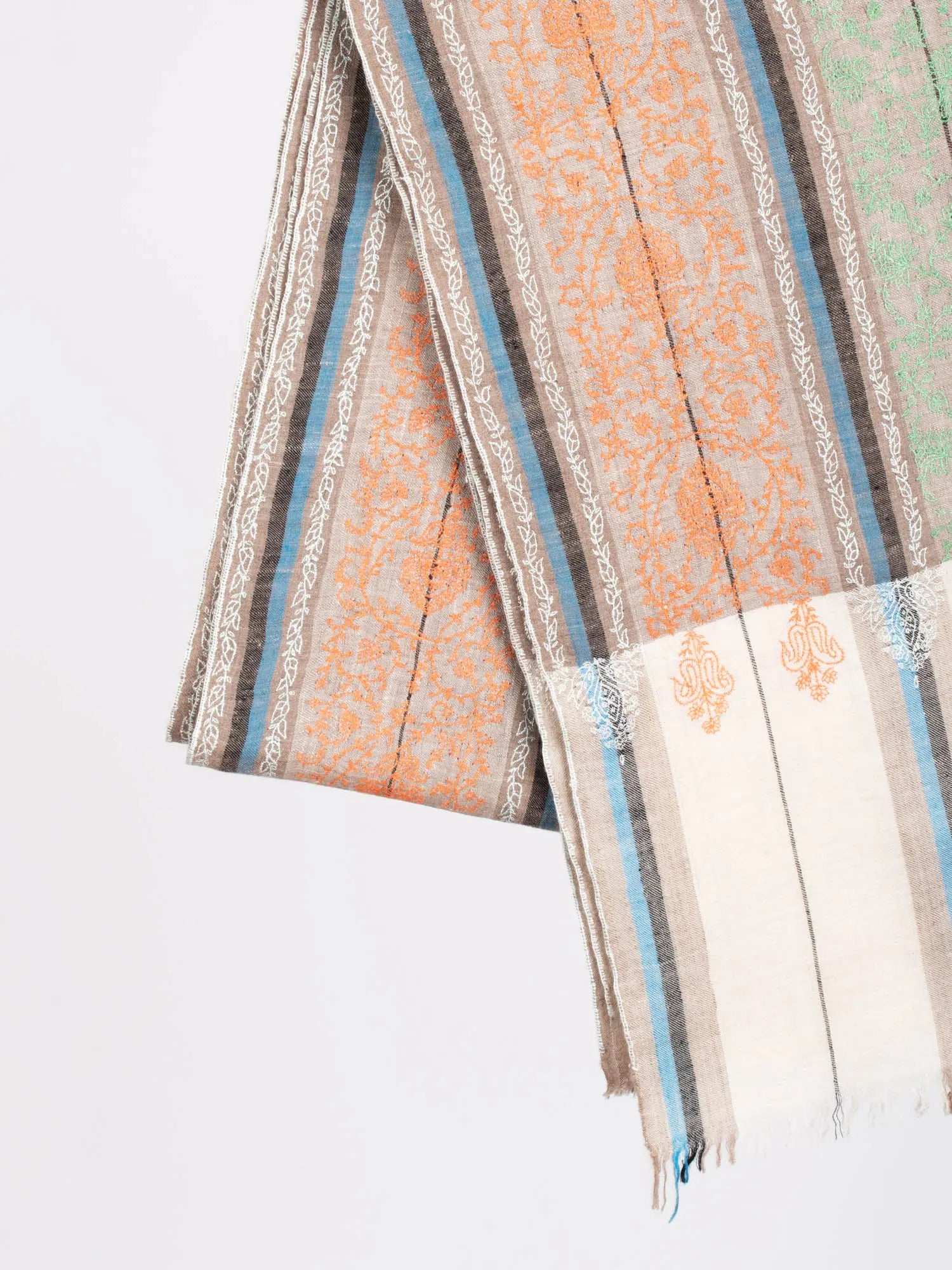 Beige Blue White and Black Pashmina Wool Shawl - MUNCIE Shahkaar