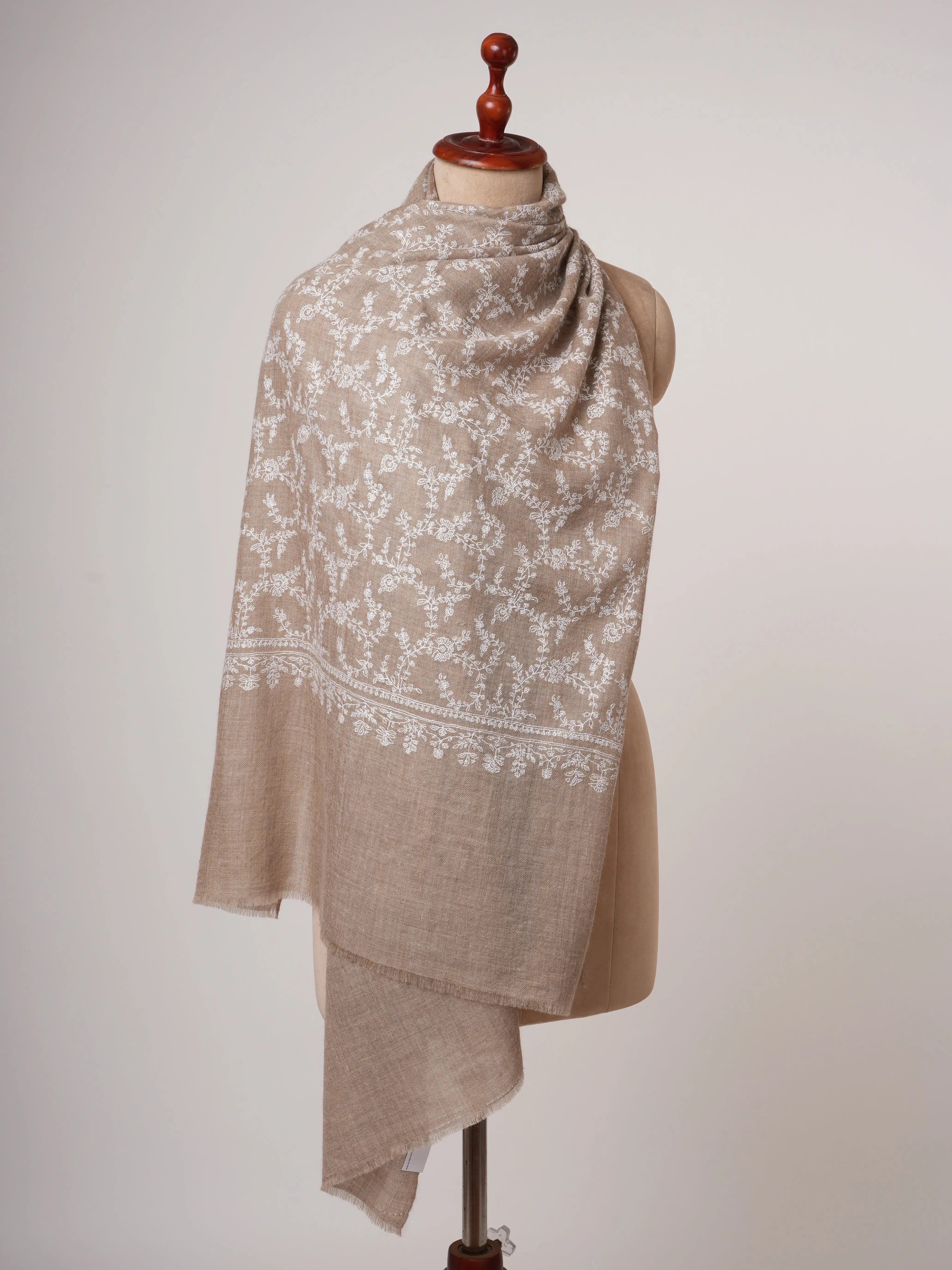 Beige Handwoven Pashmina Scarf with White Embroidery Shahkaar