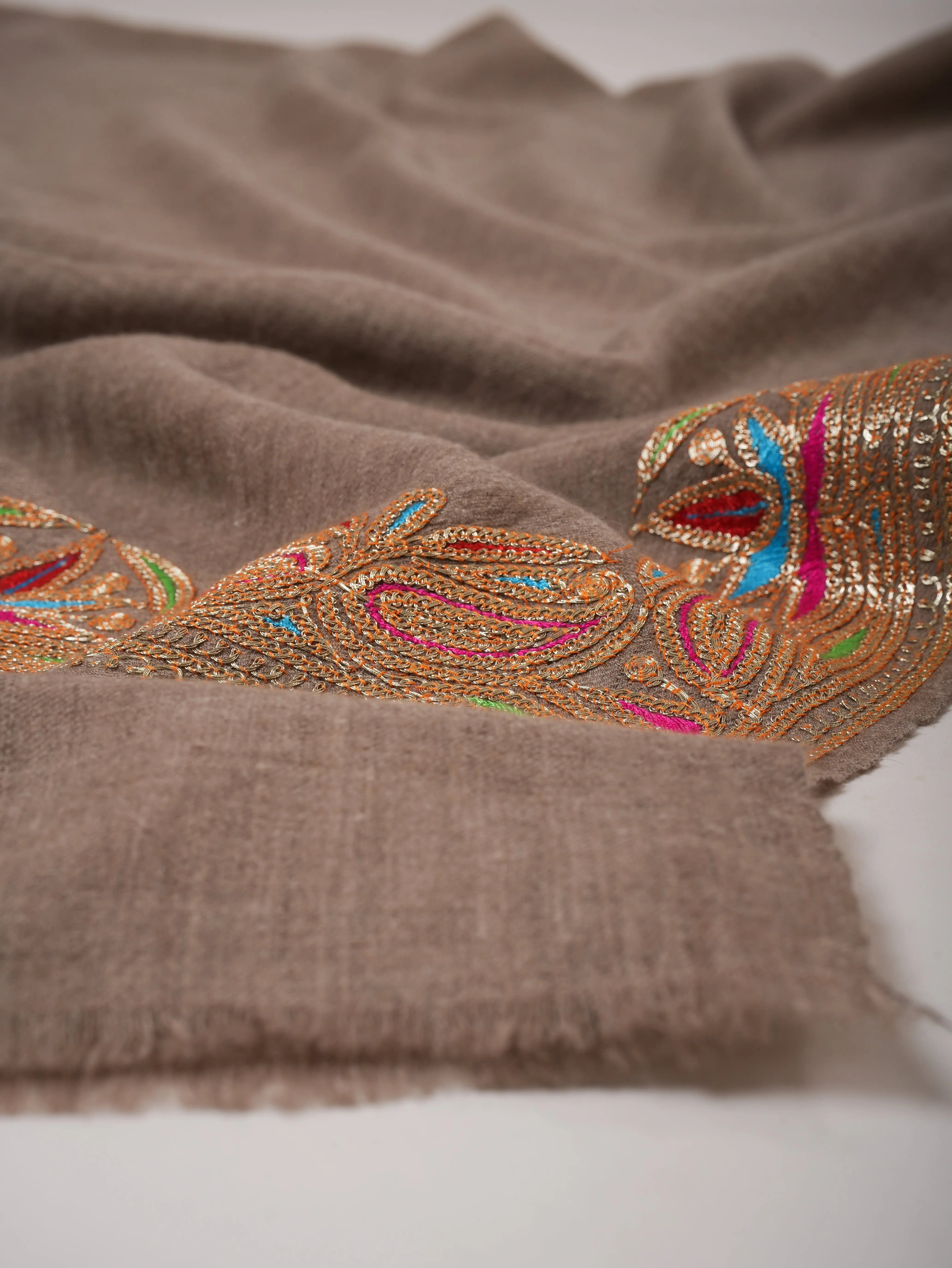 Beige Pashmina Shawl with Hand Embroidery | Kashmiri Heirloom Wrap Shahkaar