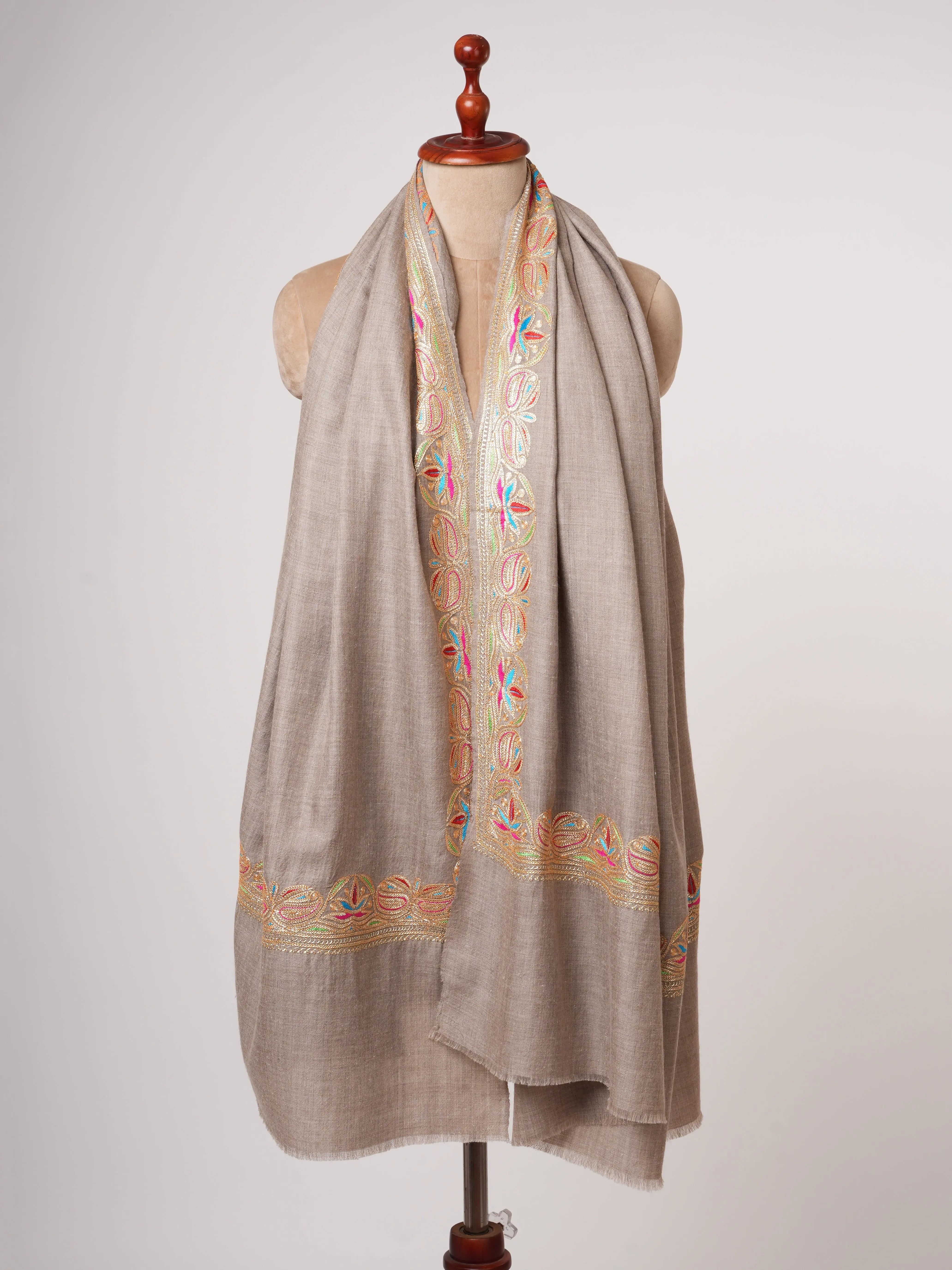 Beige Pashmina Shawl with Hand Embroidery | Kashmiri Heirloom Wrap Shahkaar