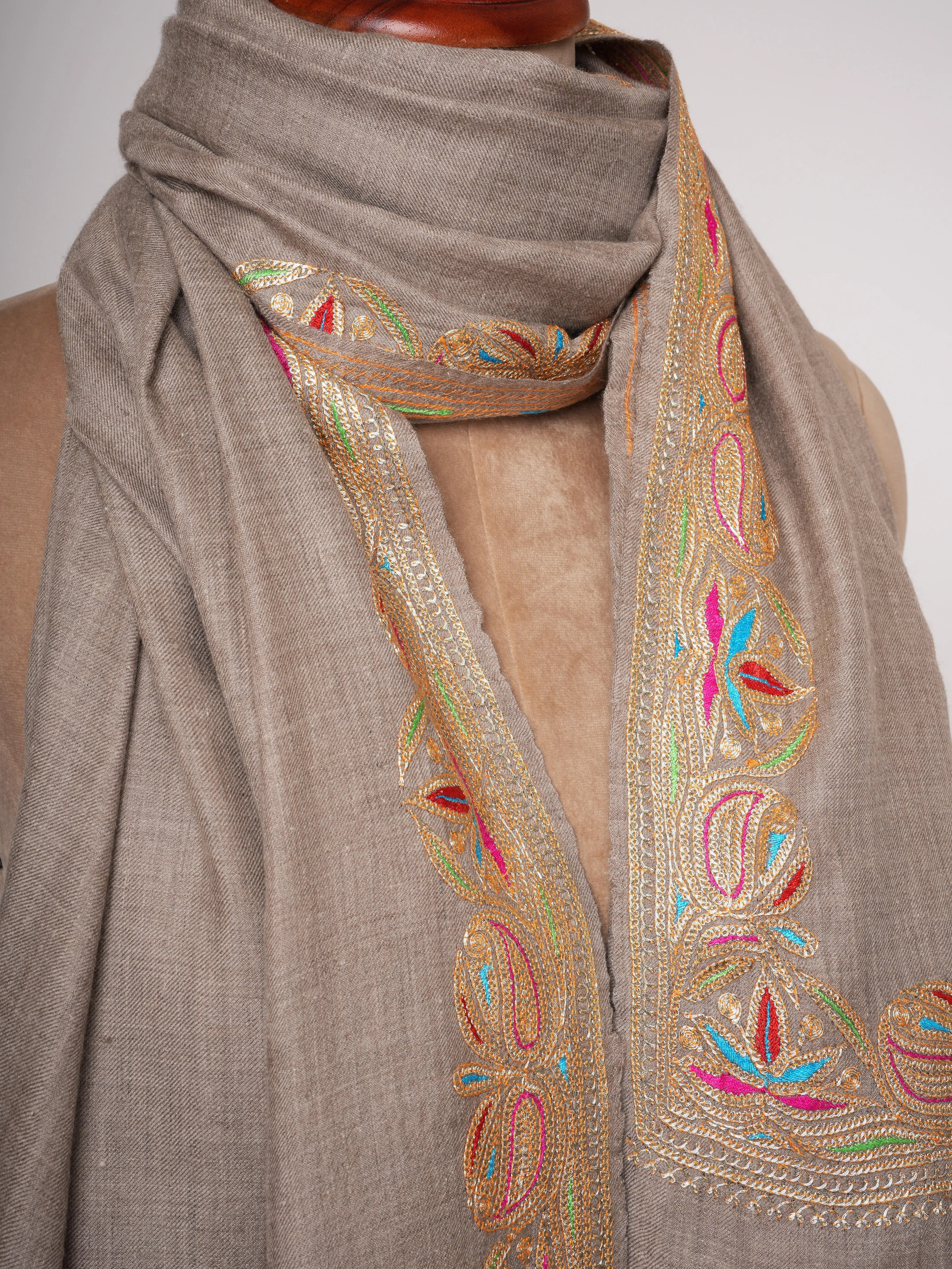 Beige Pashmina Shawl with Hand Embroidery | Kashmiri Heirloom Wrap Shahkaar