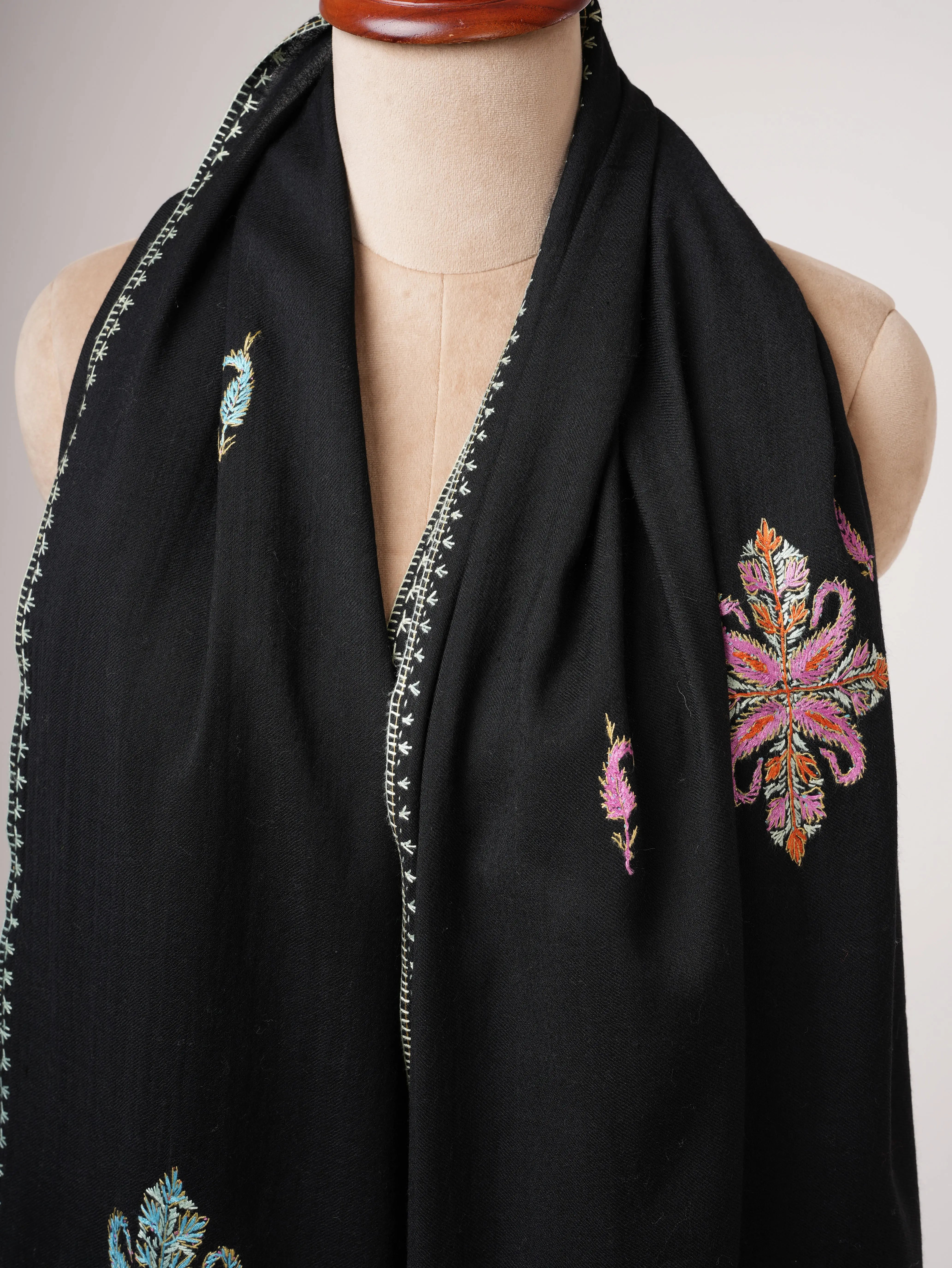 Black Aksi Hand Embroidered Pure Wool Shawl Shahkaar