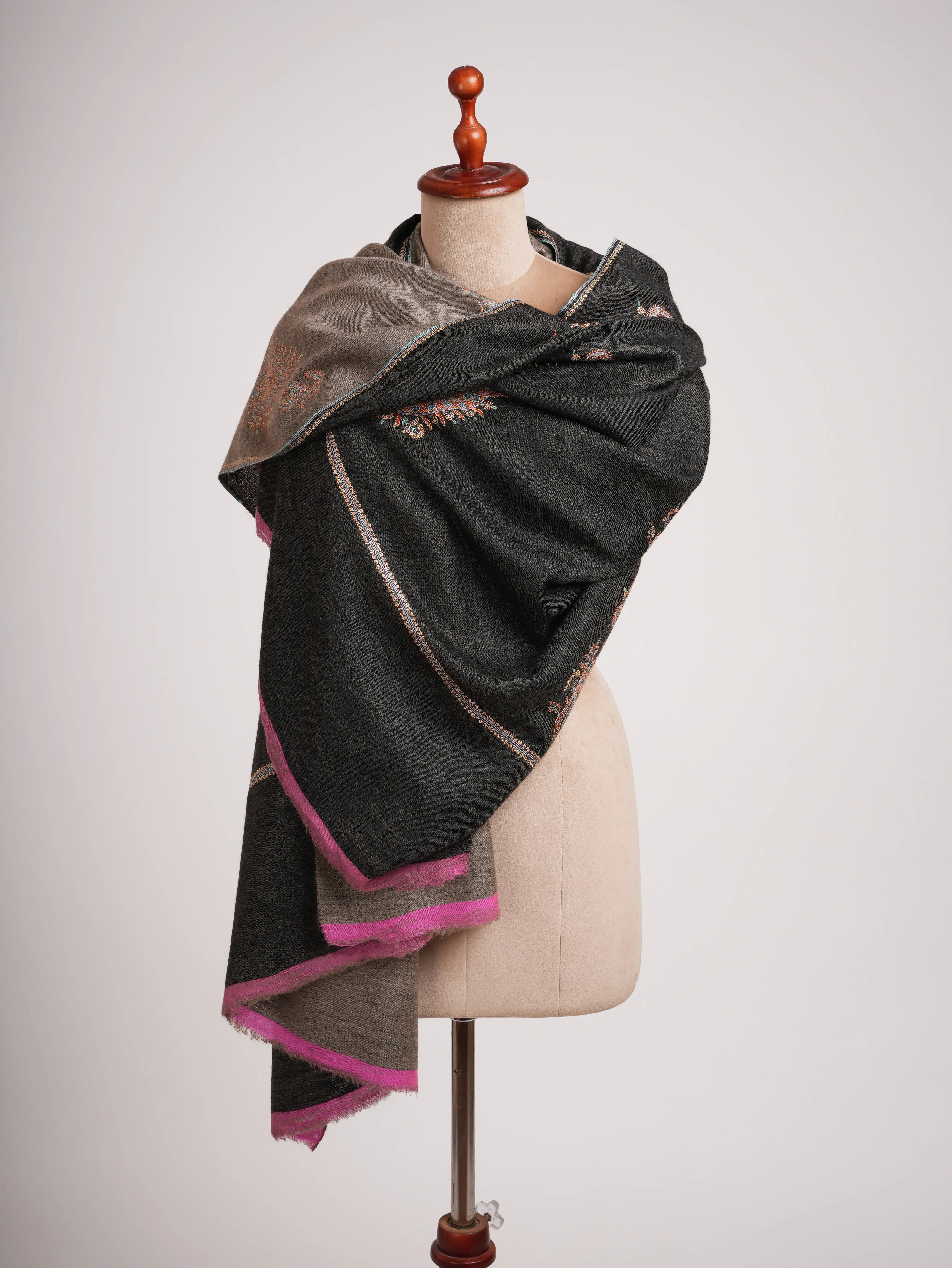 Black Beige Dorukha Pashmina Shawl with Paisley Buteh Embroidery Shahkaar