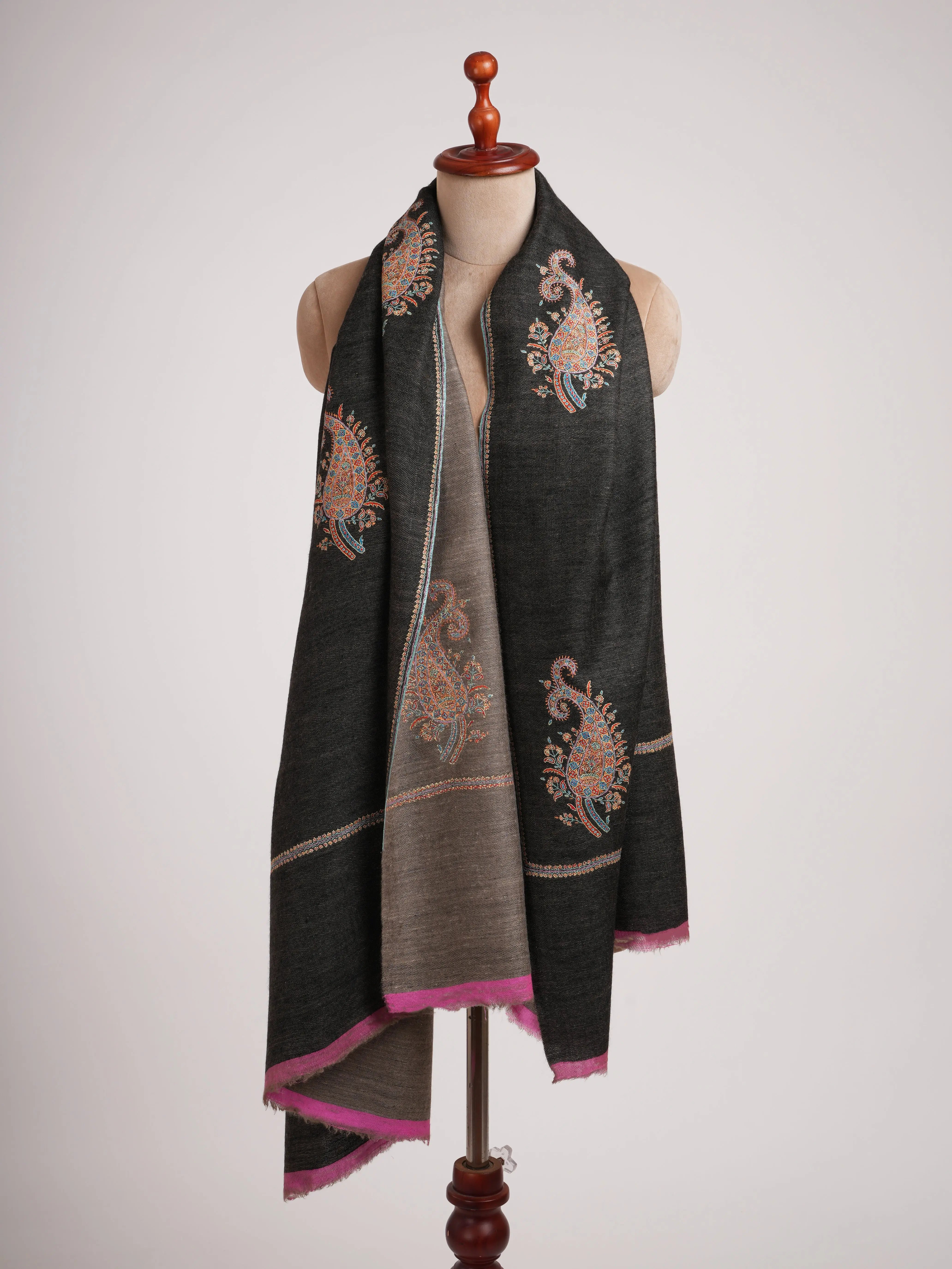 Black Beige Dorukha Pashmina Shawl with Paisley Buteh Embroidery Shahkaar