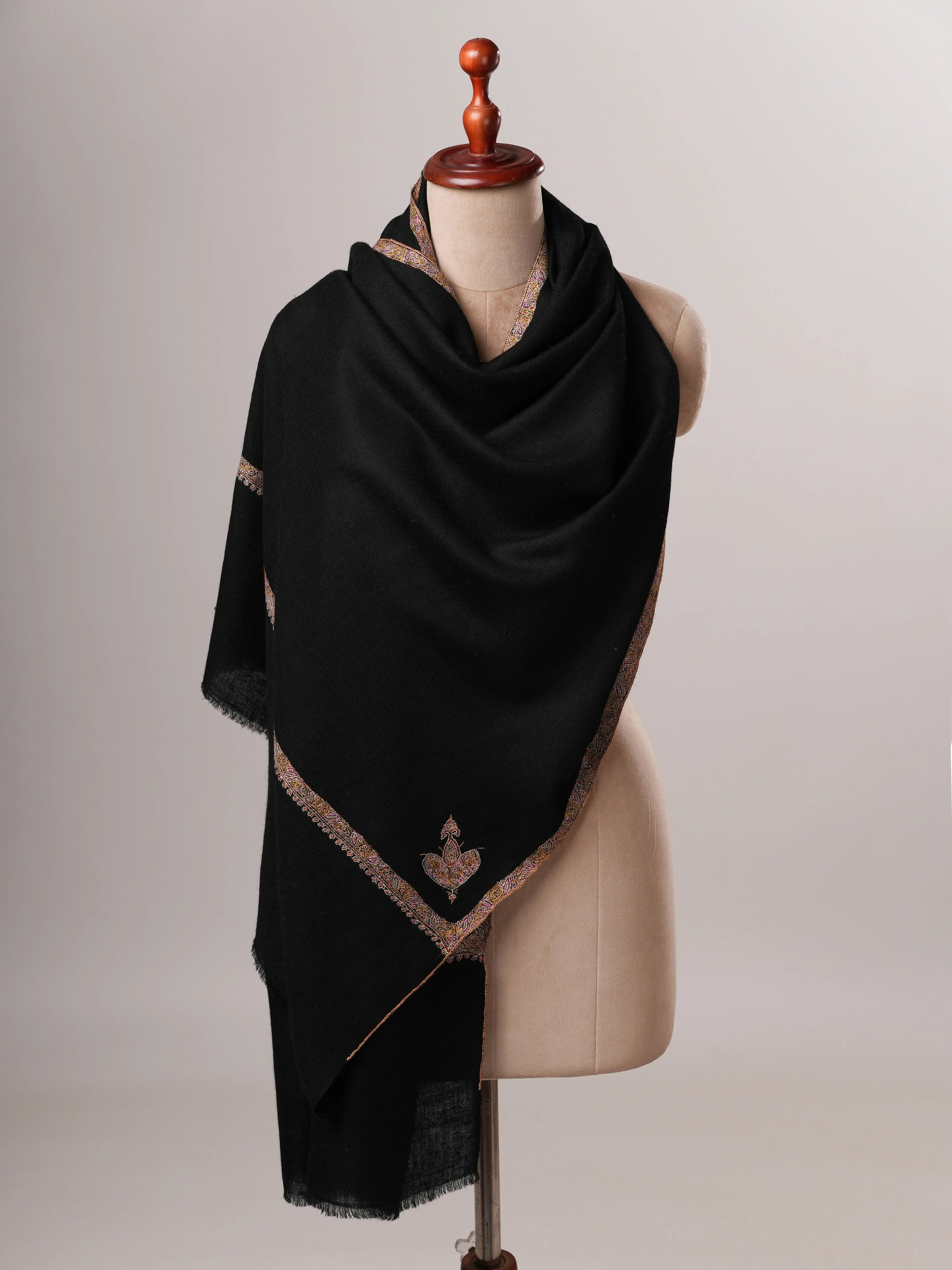 Black Cashmere Scarf with Bail Hand Embroidery Shahkaar