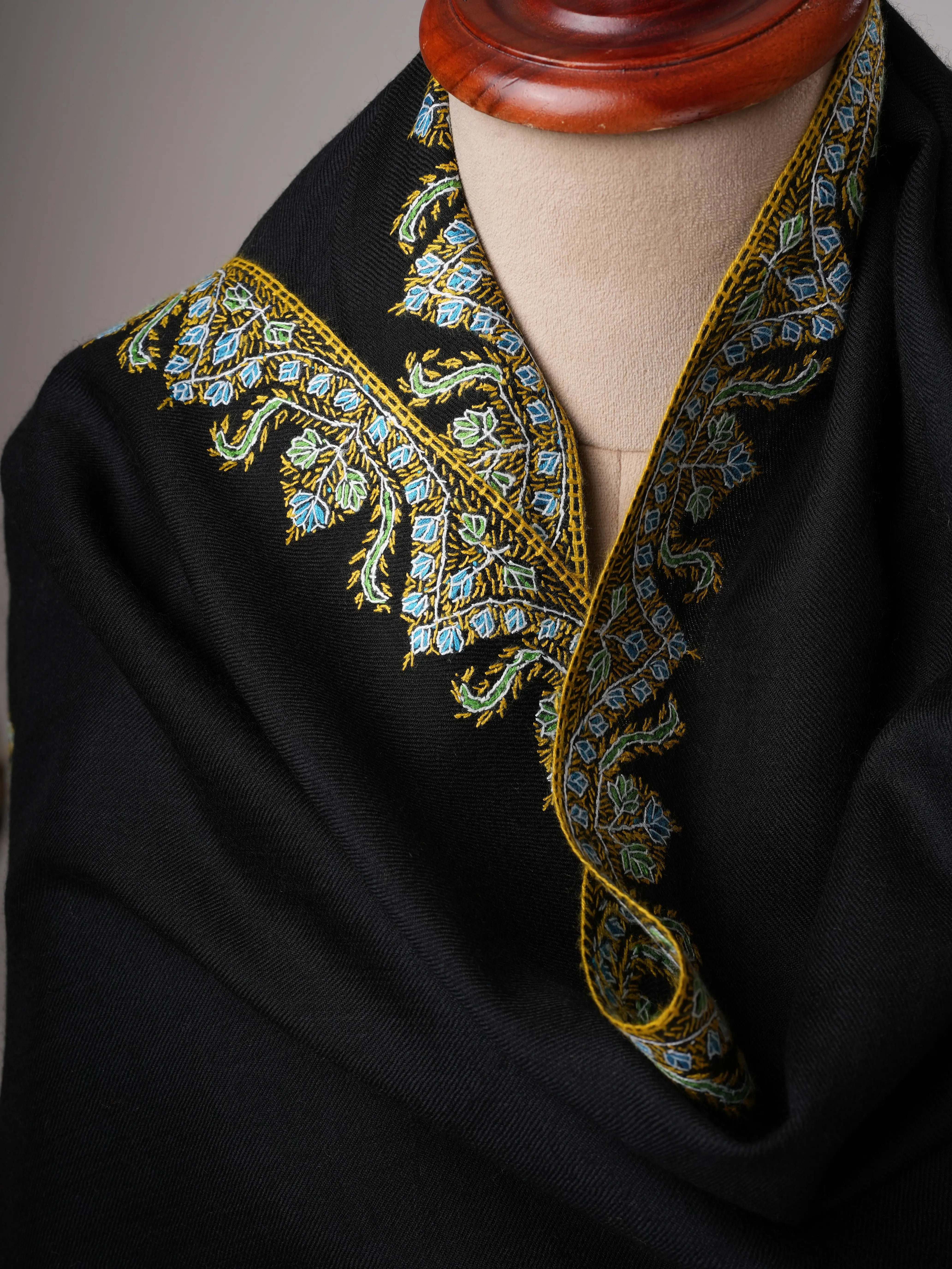 Black Fine Wool Indian Shawl with Neemdaur Embroidery Shahkaar