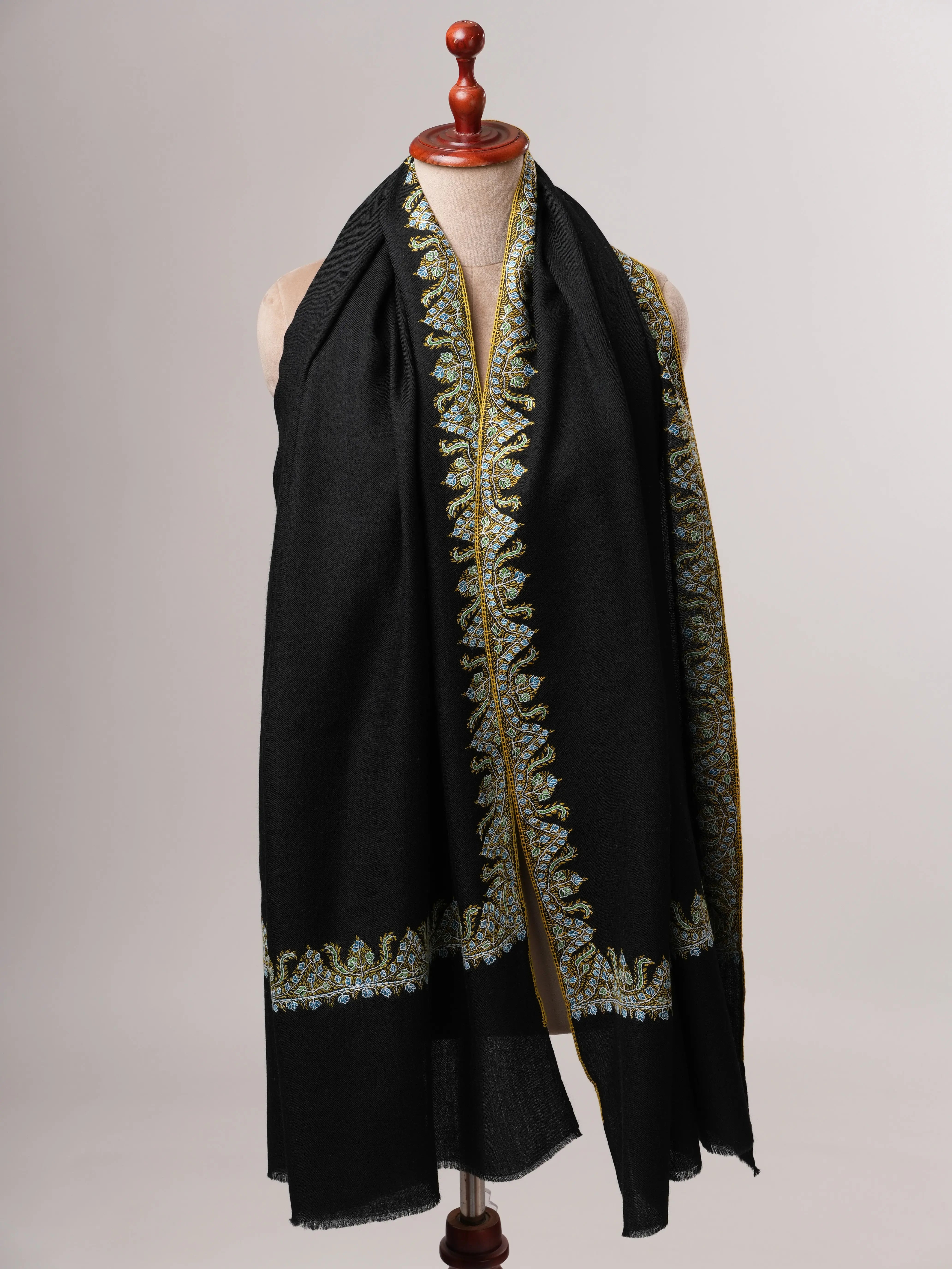 Black Fine Wool Indian Shawl with Neemdaur Embroidery Shahkaar