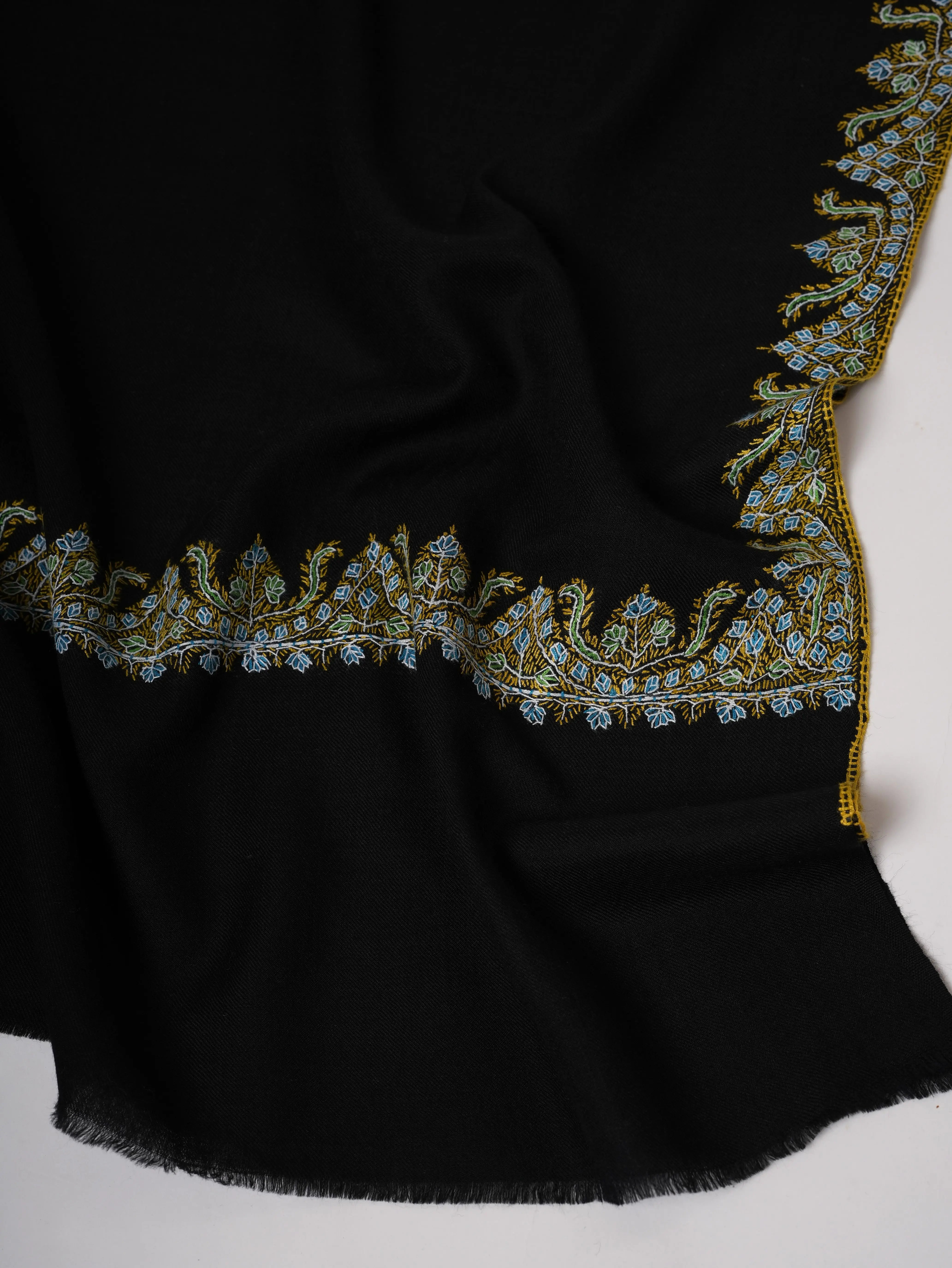 Black Fine Wool Indian Shawl with Neemdaur Embroidery Shahkaar