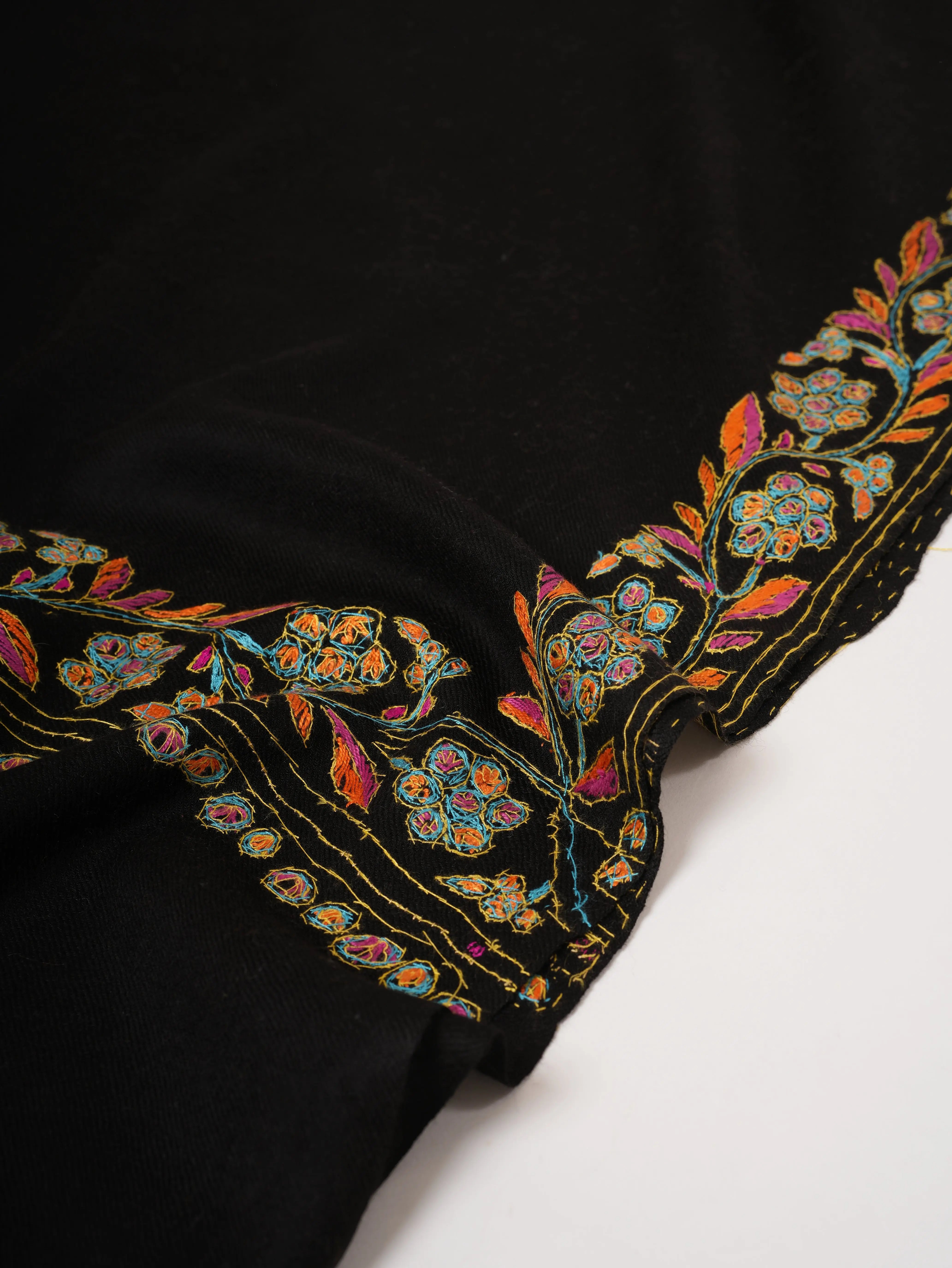 Black Fine Wool Scarf with Artisan Hand Stitching Shahkaar