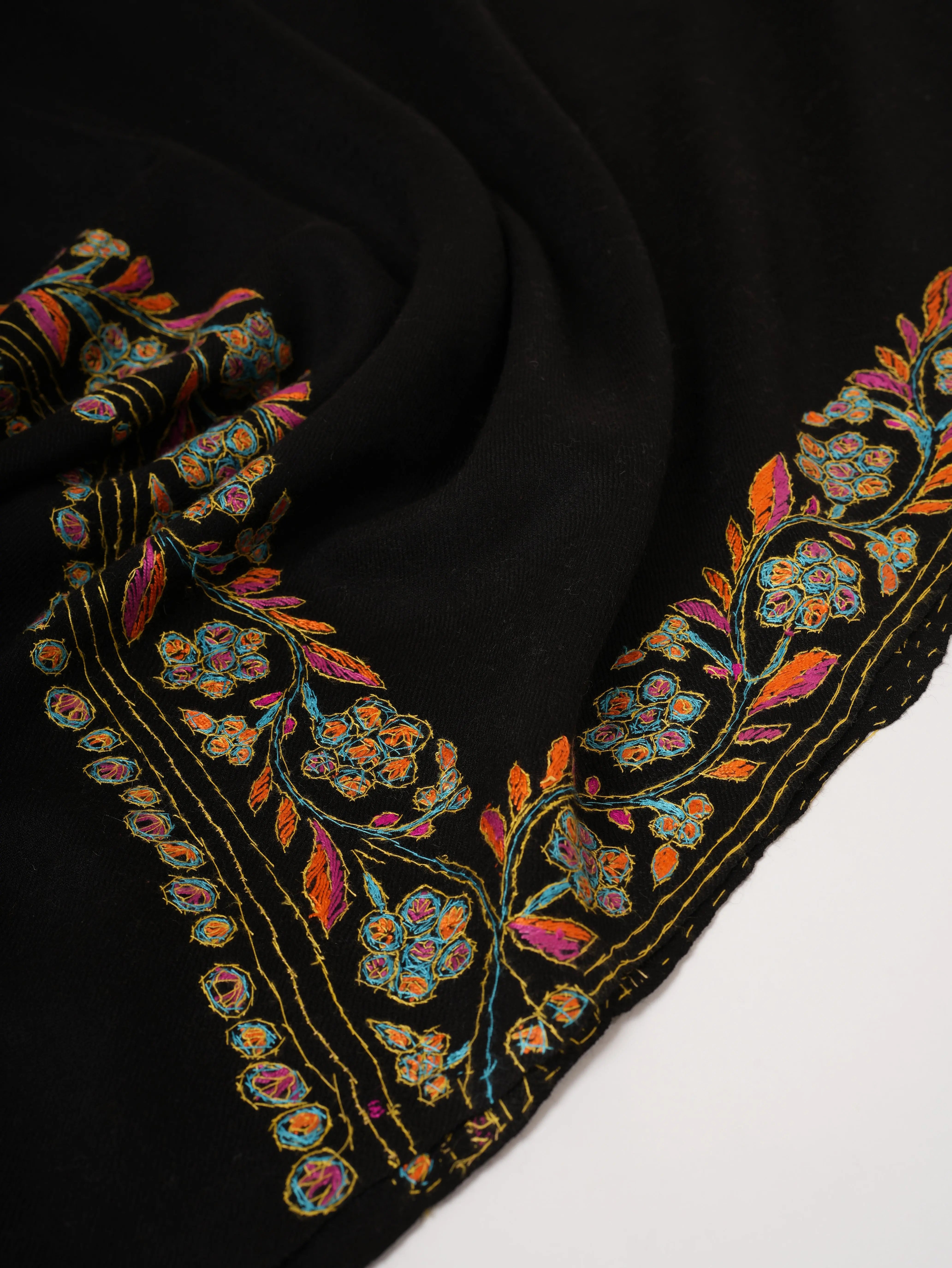 Black Fine Wool Scarf with Artisan Hand Stitching Shahkaar