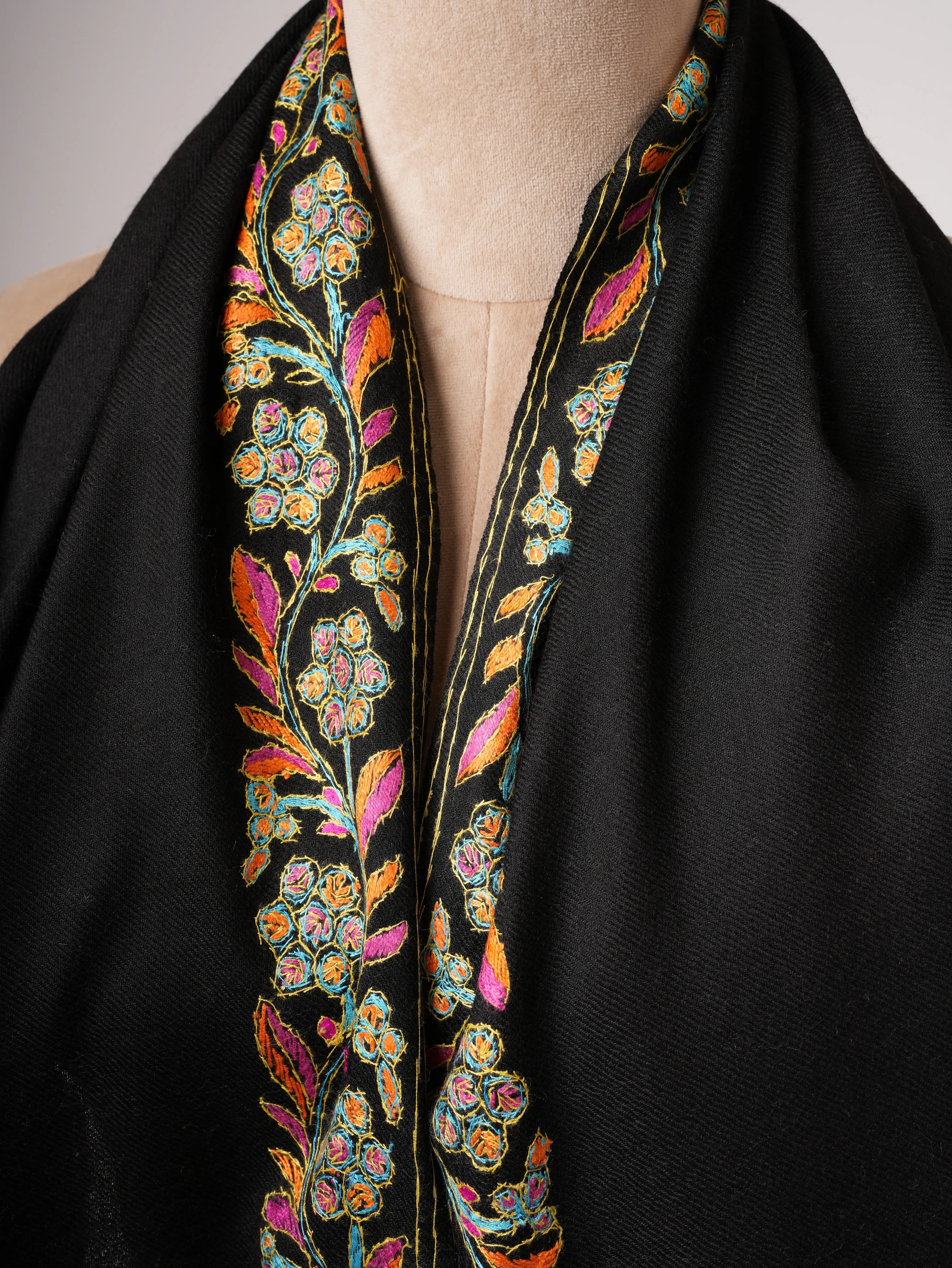 Black Fine Wool Scarf with Artisan Hand Stitching Shahkaar