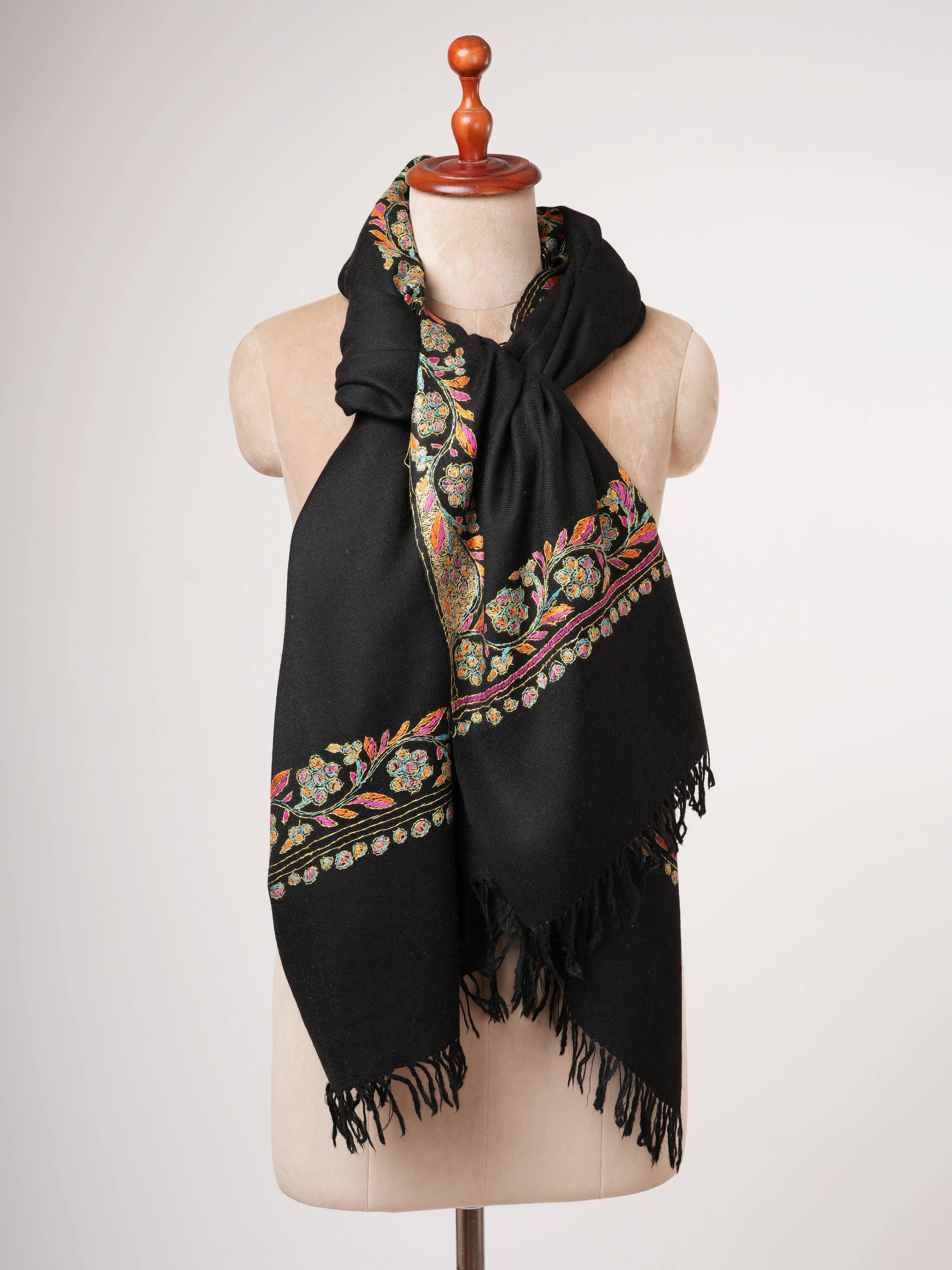 Black Fine Wool Scarf with Artisan Hand Stitching Shahkaar