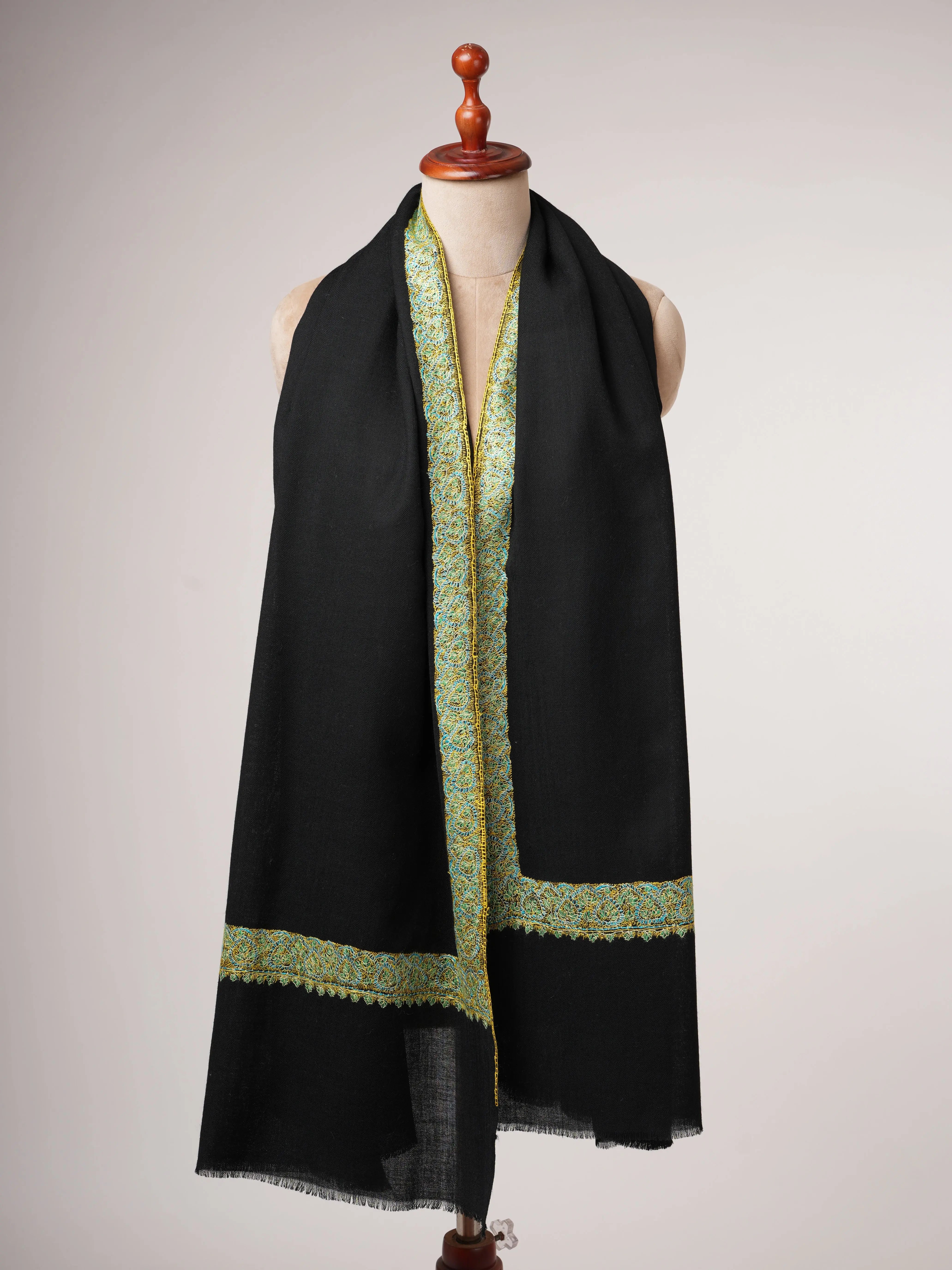 Black Fine Wool Shawl with Hand Embroidered Neemdaur Motifs Shahkaar