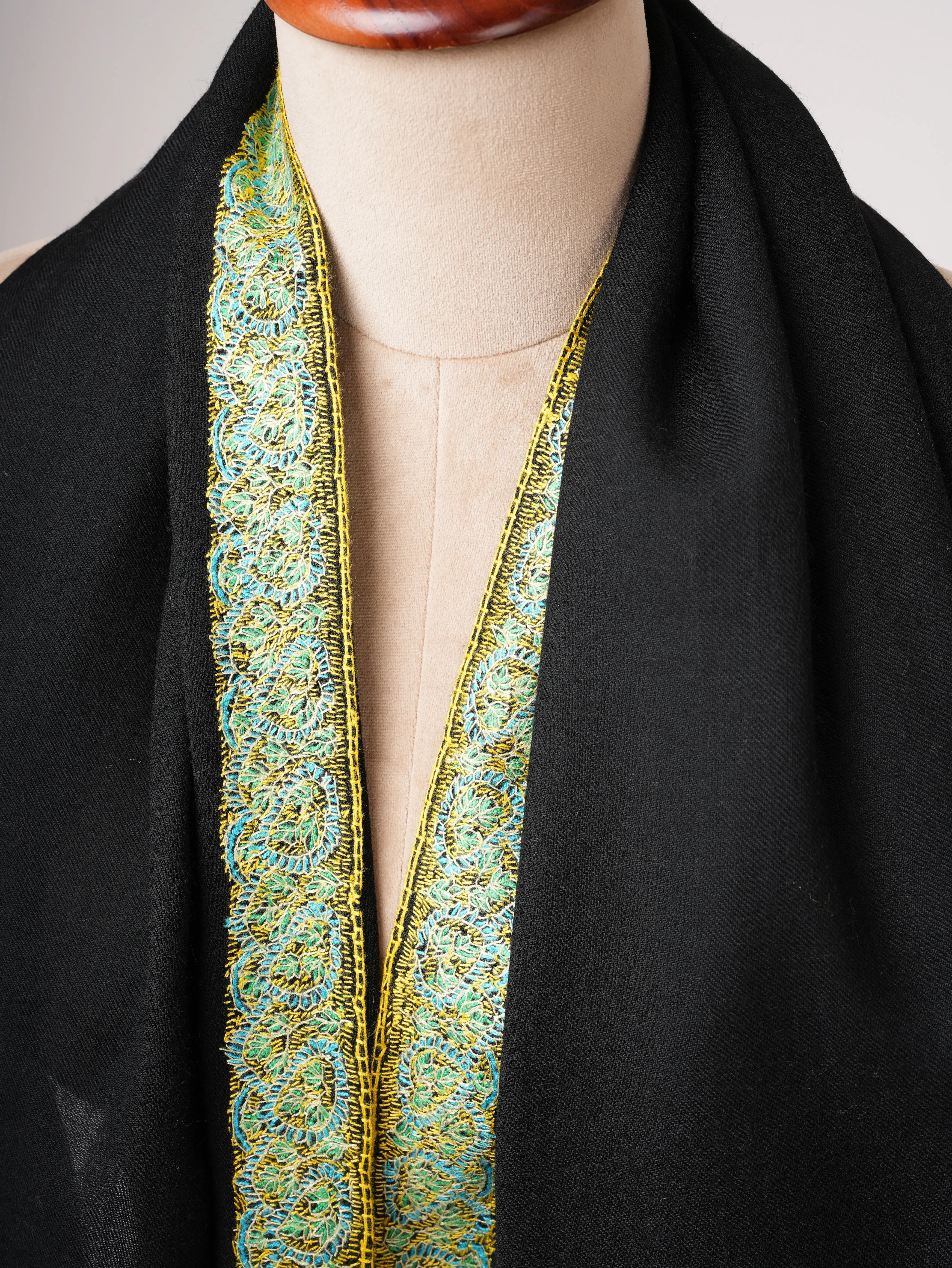 Black Fine Wool Shawl with Hand Embroidered Neemdaur Motifs Shahkaar