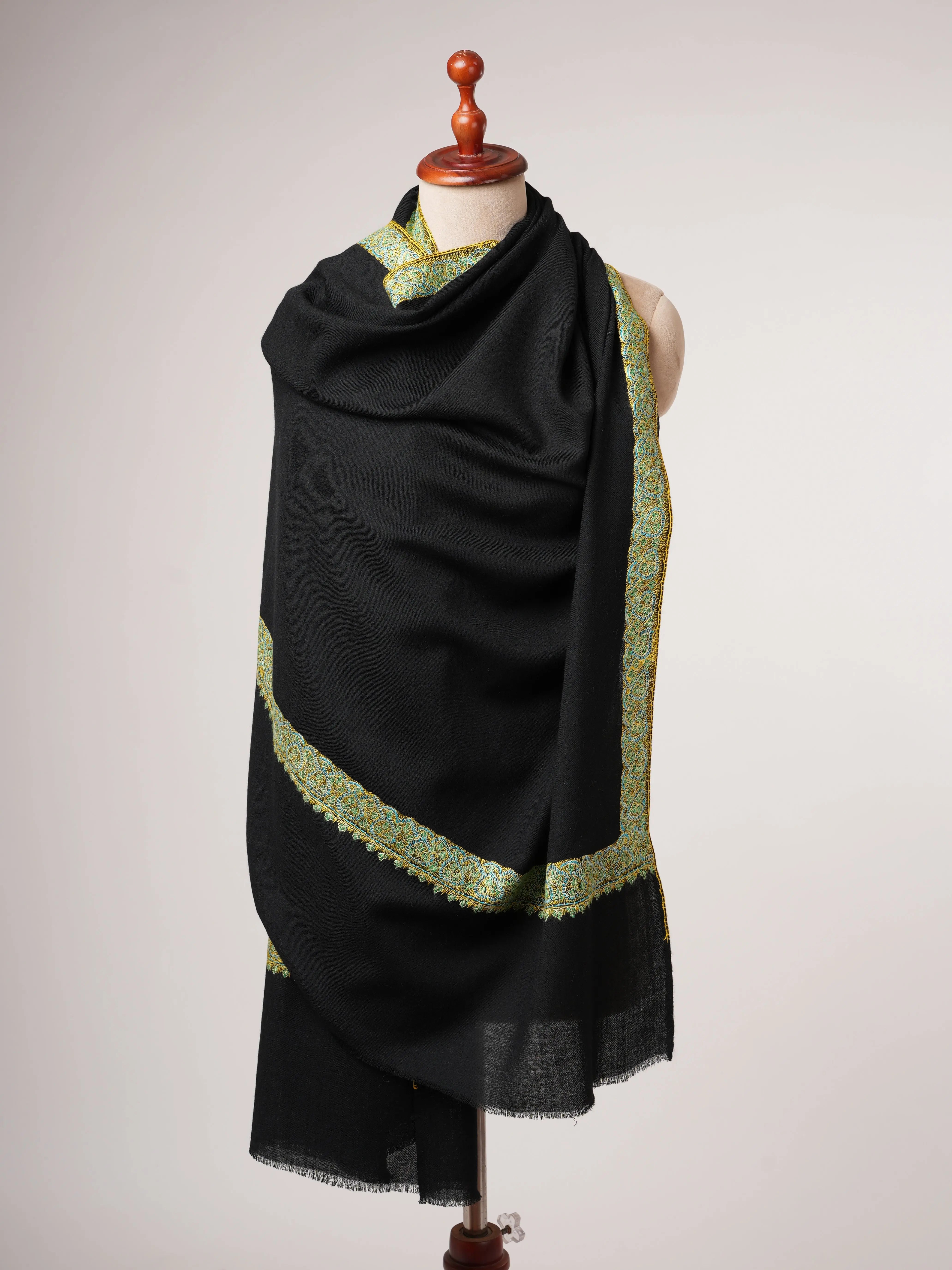 Black Fine Wool Shawl with Hand Embroidered Neemdaur Motifs Shahkaar