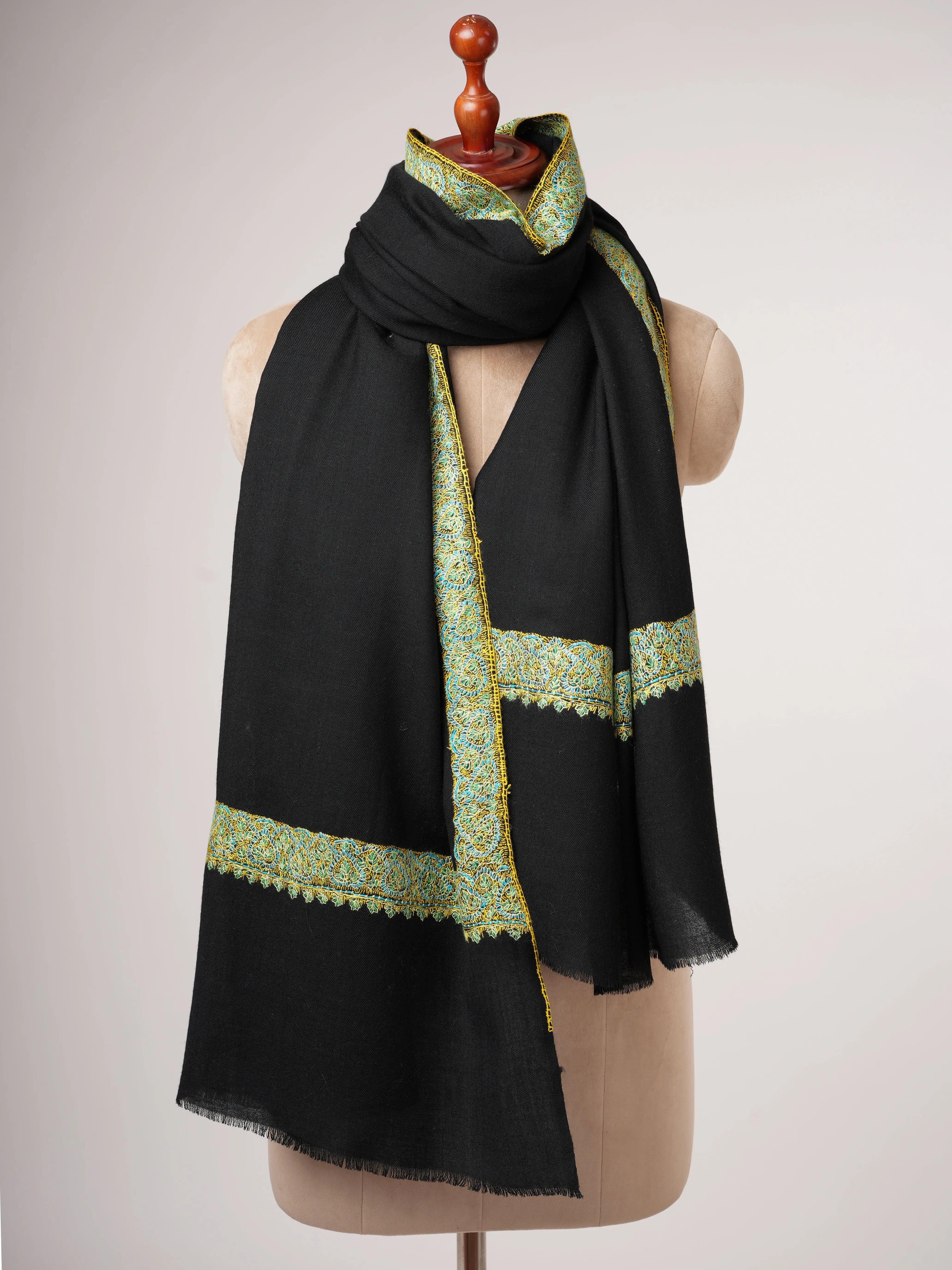 Black Fine Wool Shawl with Hand Embroidered Neemdaur Motifs Shahkaar