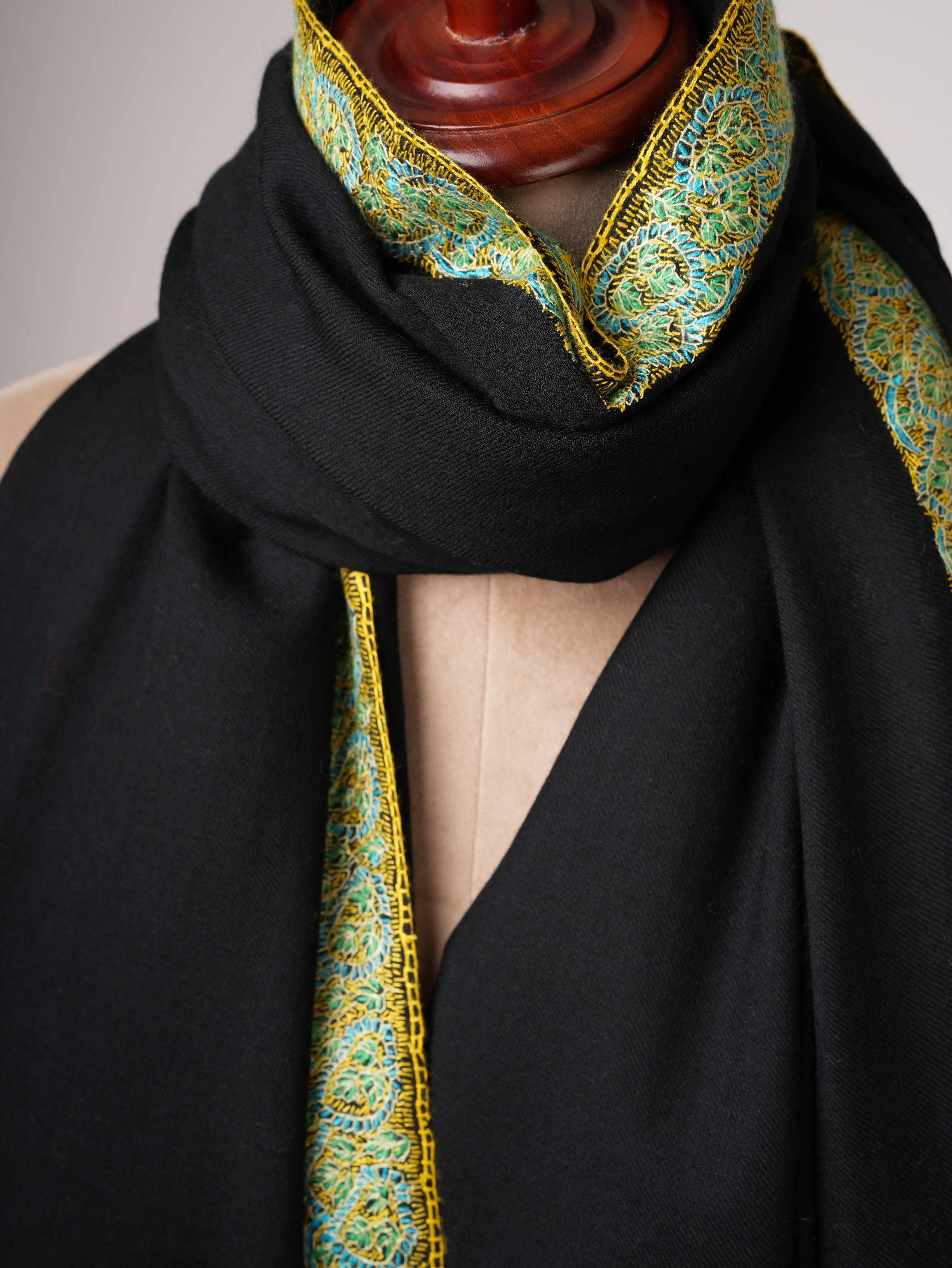 Black Fine Wool Shawl with Hand Embroidered Neemdaur Motifs Shahkaar